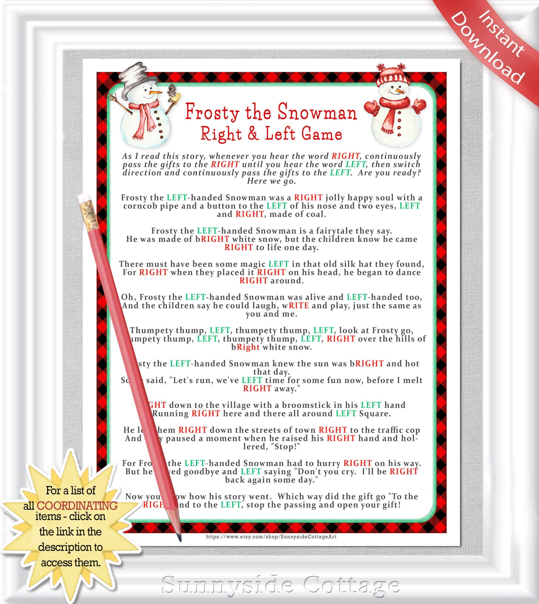Free Printable Frosty The Snowman Left Right Game