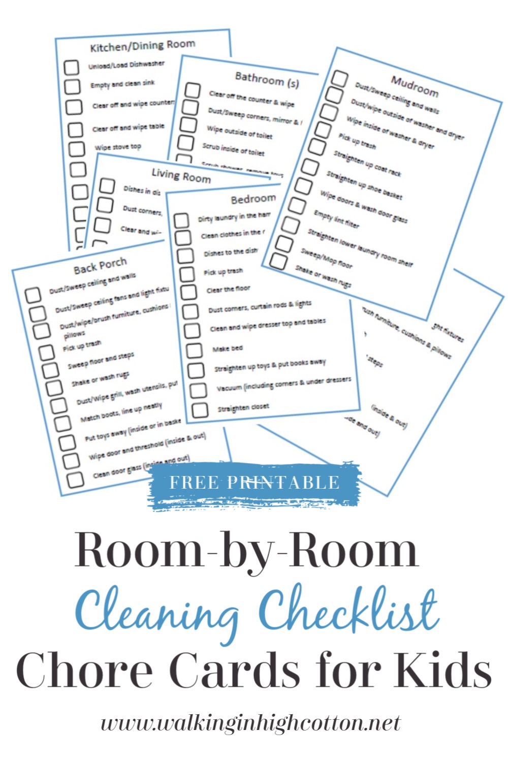 Room by Room Cleaning Checklist Chore Cards For Kids FREE Printable Walking In High Cotton