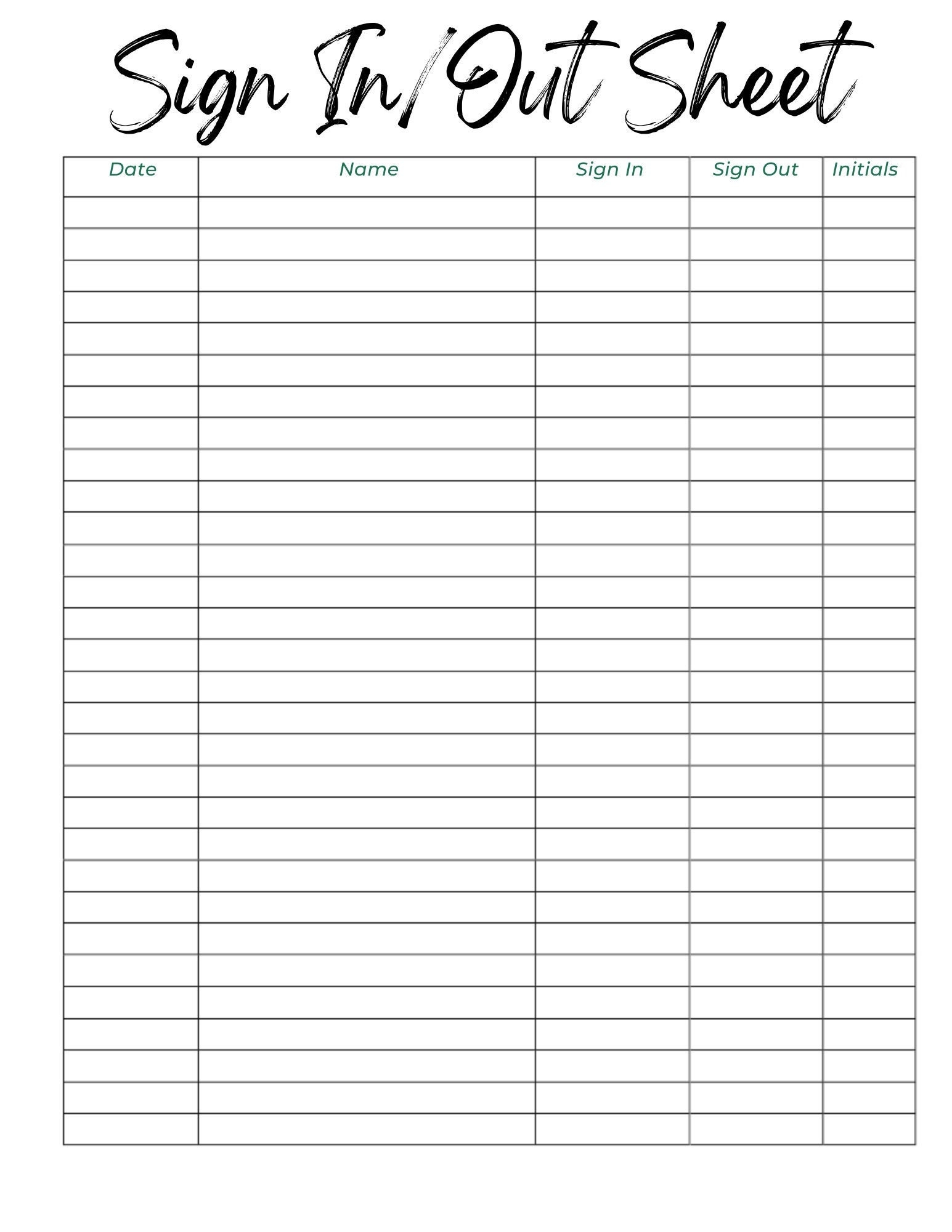 Sign In And Out Sheet Printable Form Digital File Instant Download Editable Black aqua white Edition Etsy UK