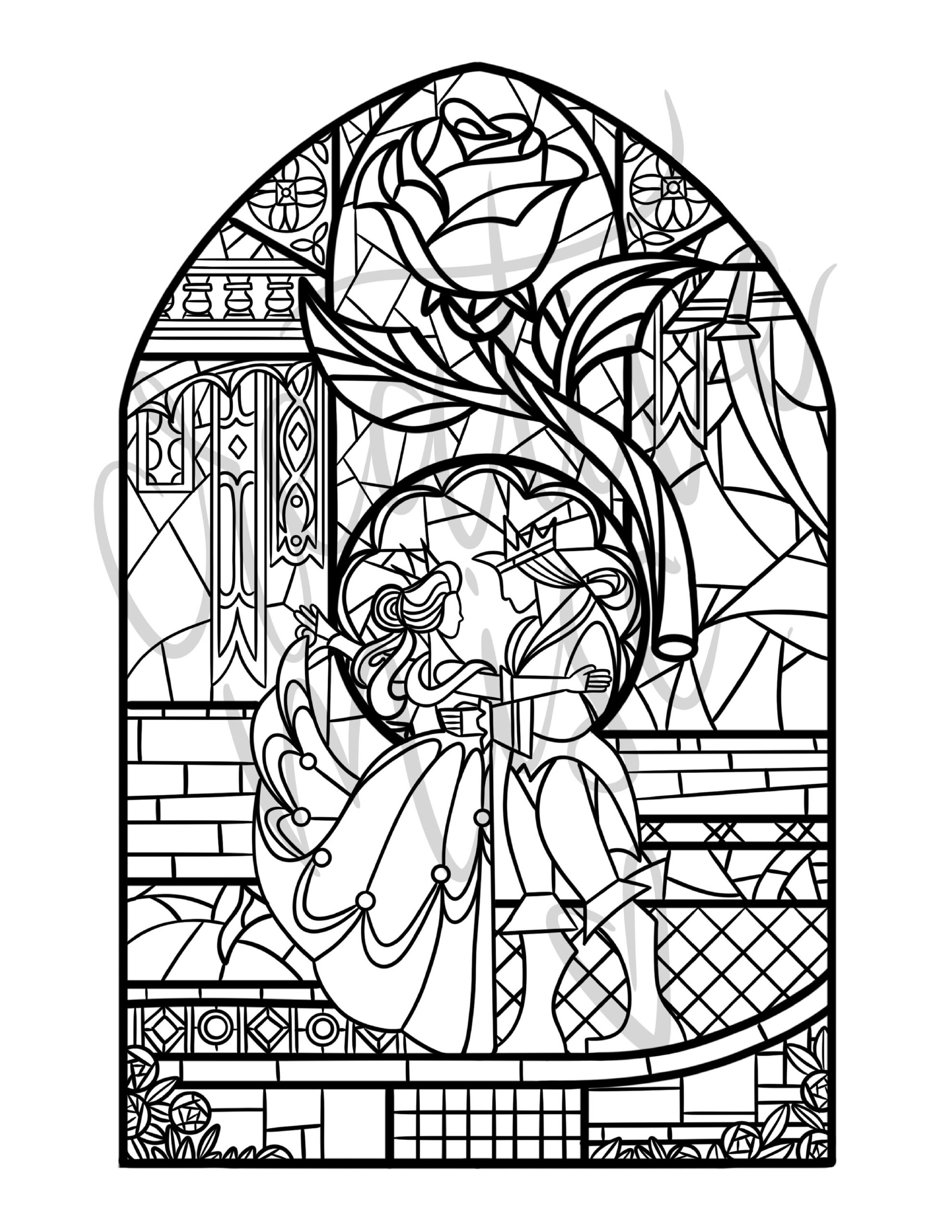 Stained Glass Enchanted Rose Coloring Sheet Beauty And The Beast Coloring Sheet Etsy