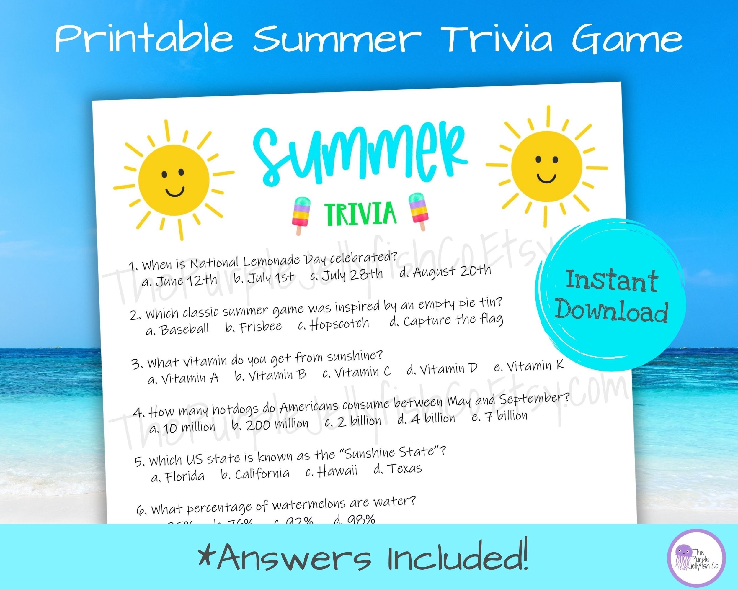 Summer Trivia Game Printable Trivia Questions For Teens Adults Seniors Summer Activity For Kids Summer Party Idea Beach Game Pool Party Etsy UK