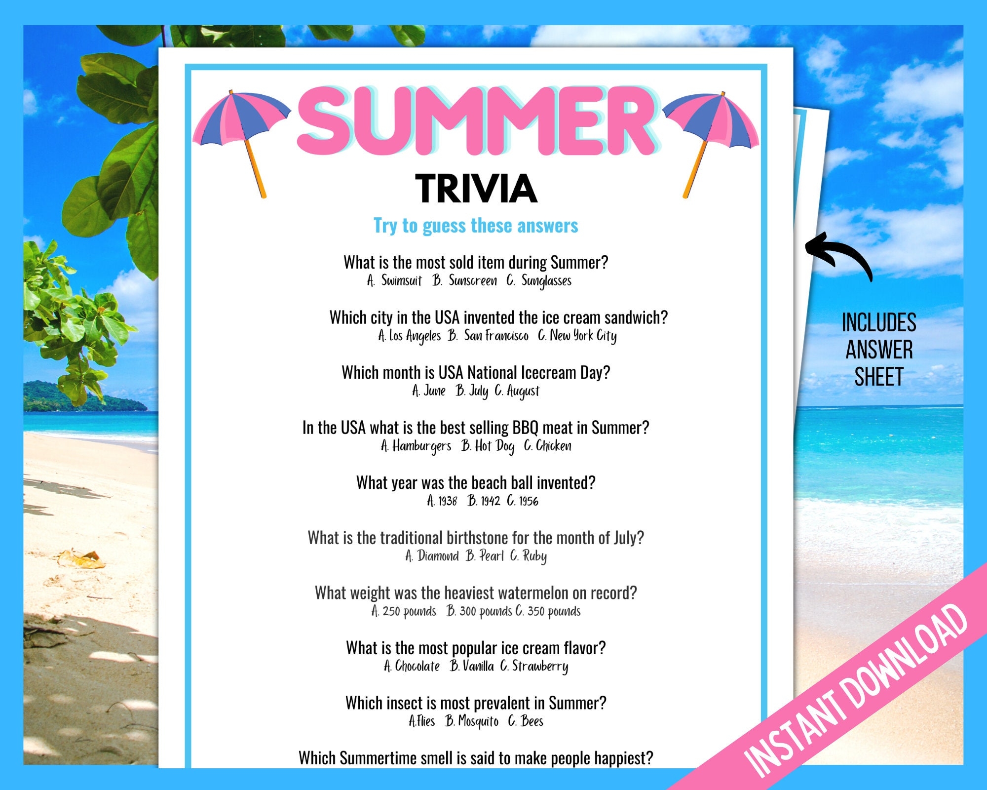 Summer Trivia Game Summer Trivia Quiz Summer Games Summer Printable Games Summer Party Games Summer Family Quiz Printable Etsy