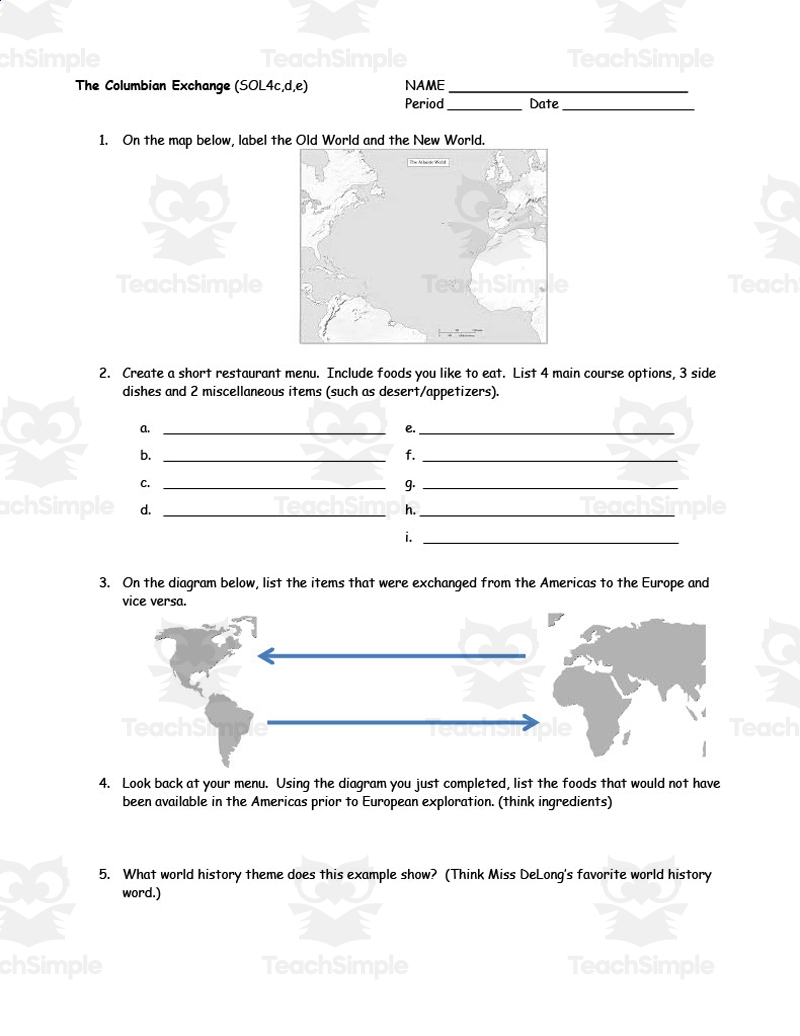 Free Printables For Teaching The Columbian Exchange