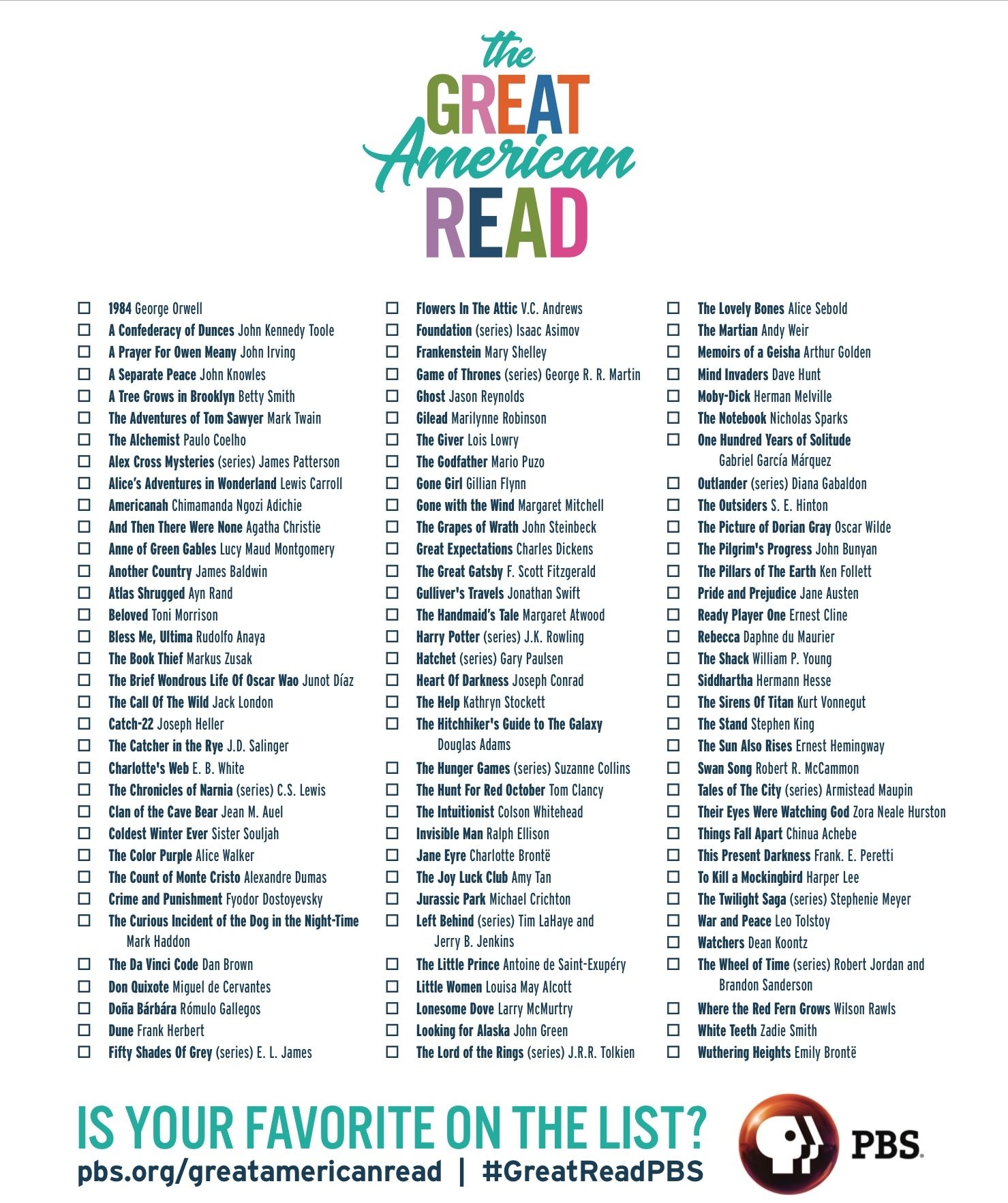 The Great American Read Printable Check List
