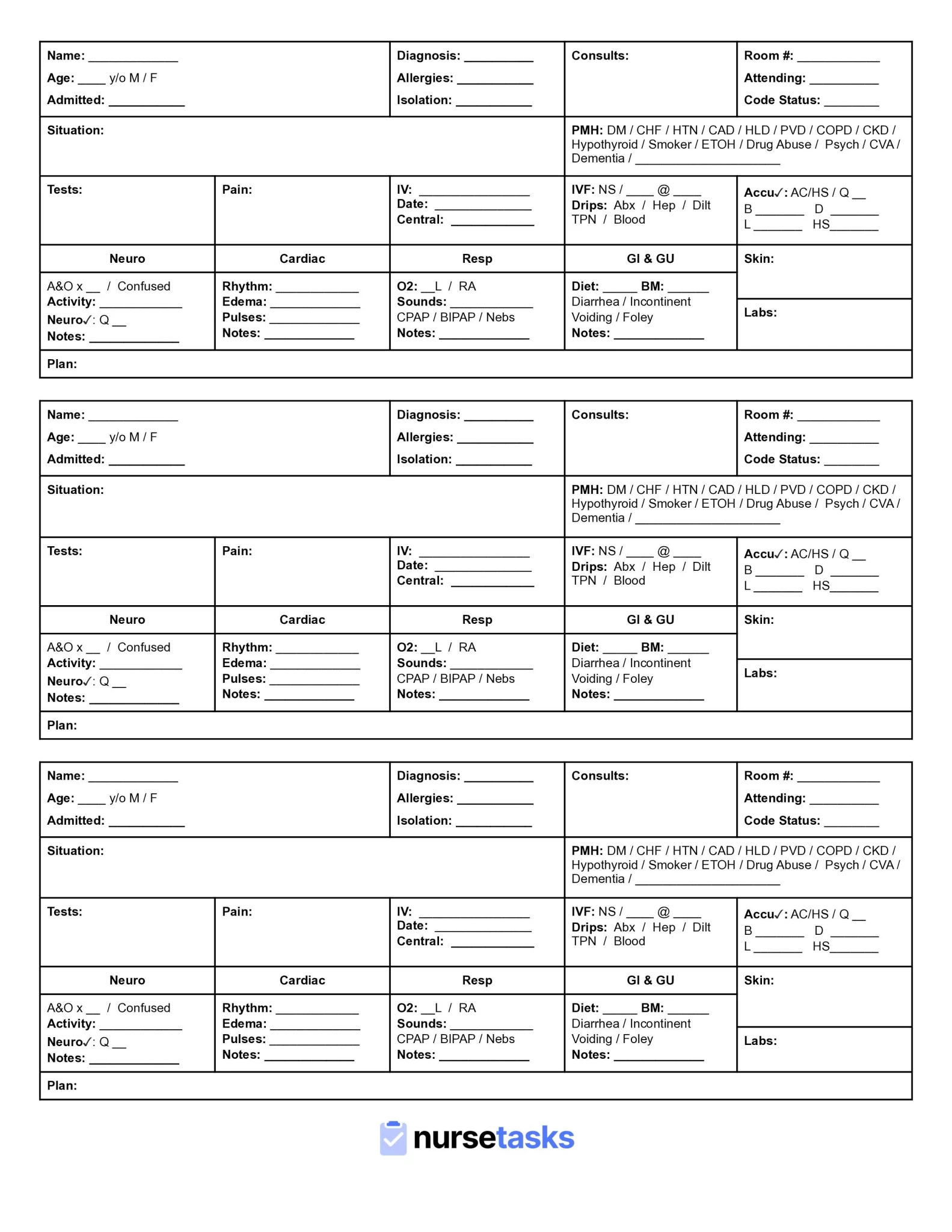 Printable Nursing Report Sheet Pdf