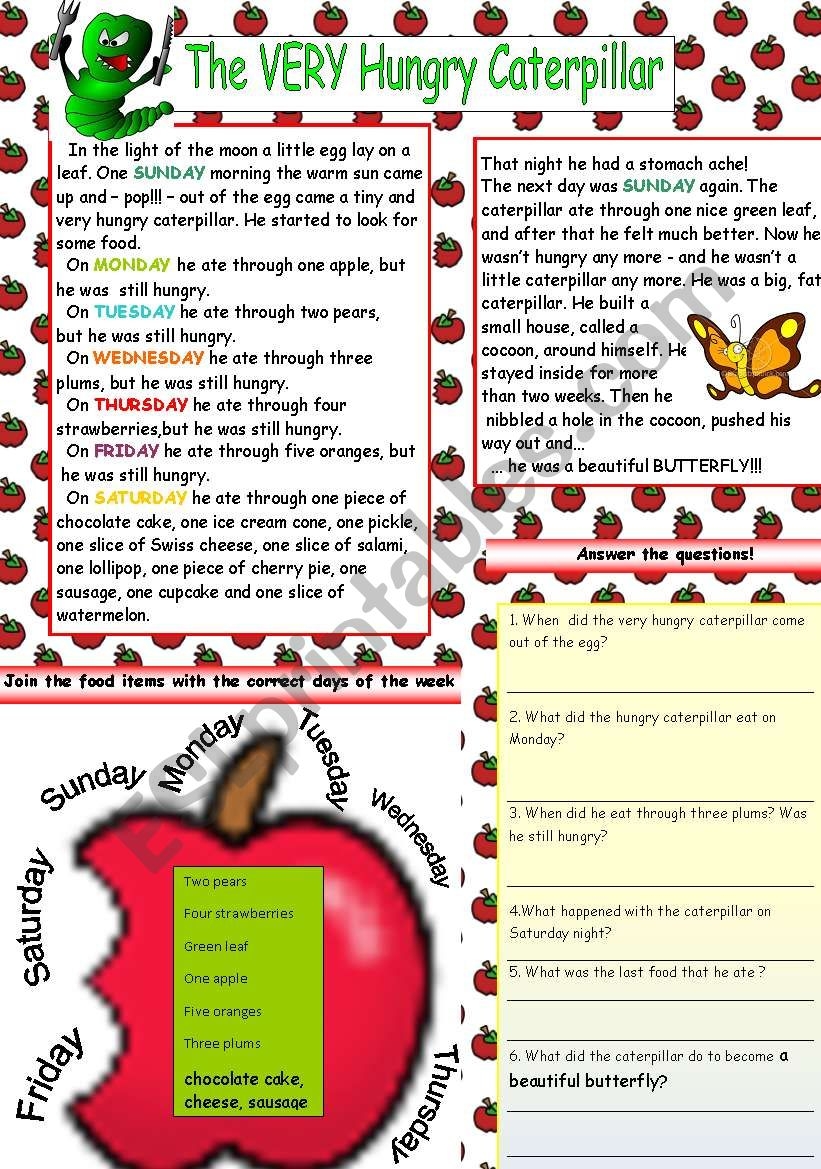 THE VERY HUNGRY CATERPILLAR TEXT TASKS ESL Worksheet By Gasya