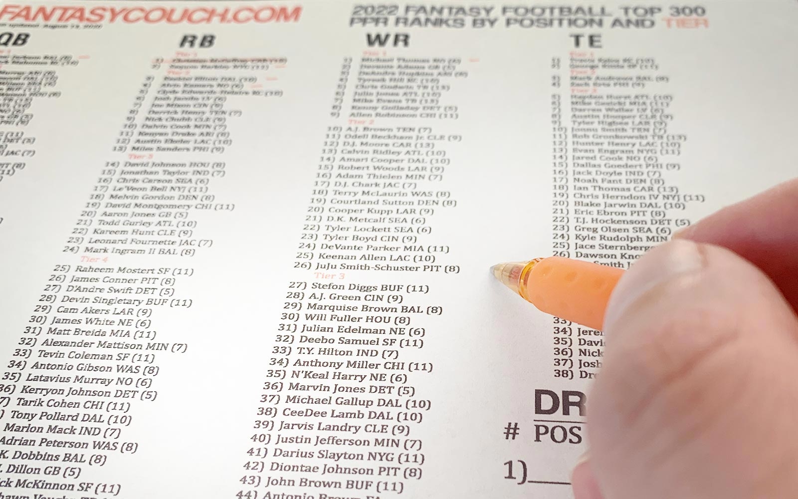 Top 300 List Fantasy Football 2022 CHEAT SHEET