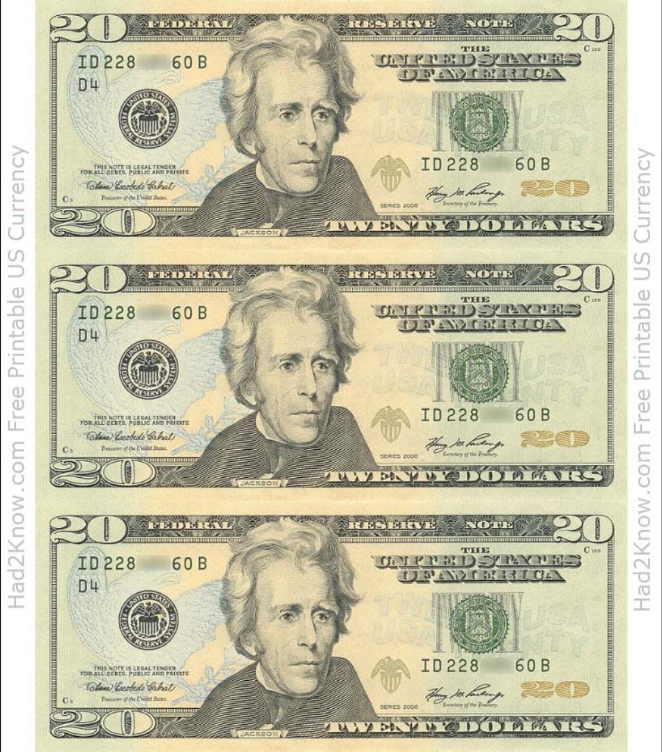 Twenty Dollar Bill Template Front Download Printable PDF