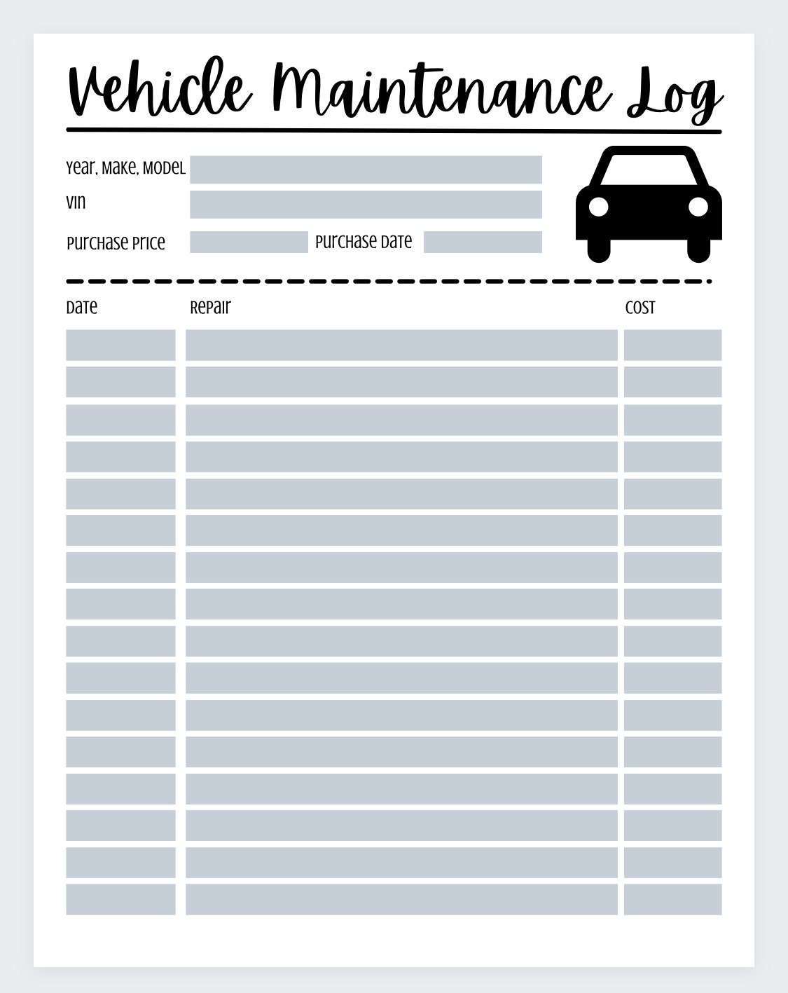 Printable Vehicle Maintenance Log Sheet