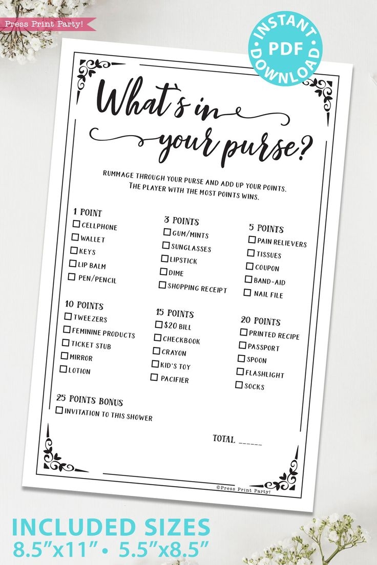 What s In Your Purse Shower Game Printable Press Print Party 