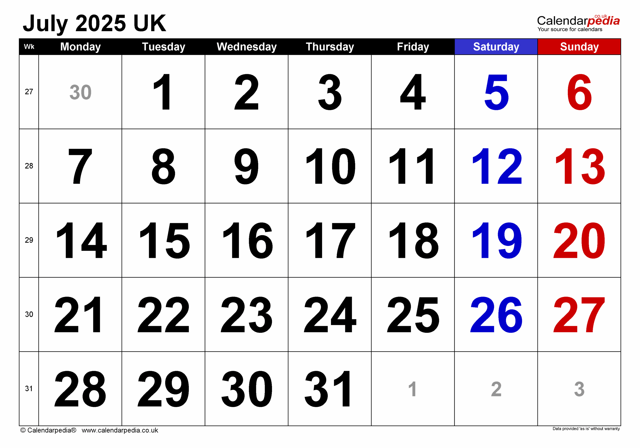 July 2025 Calendar Uk