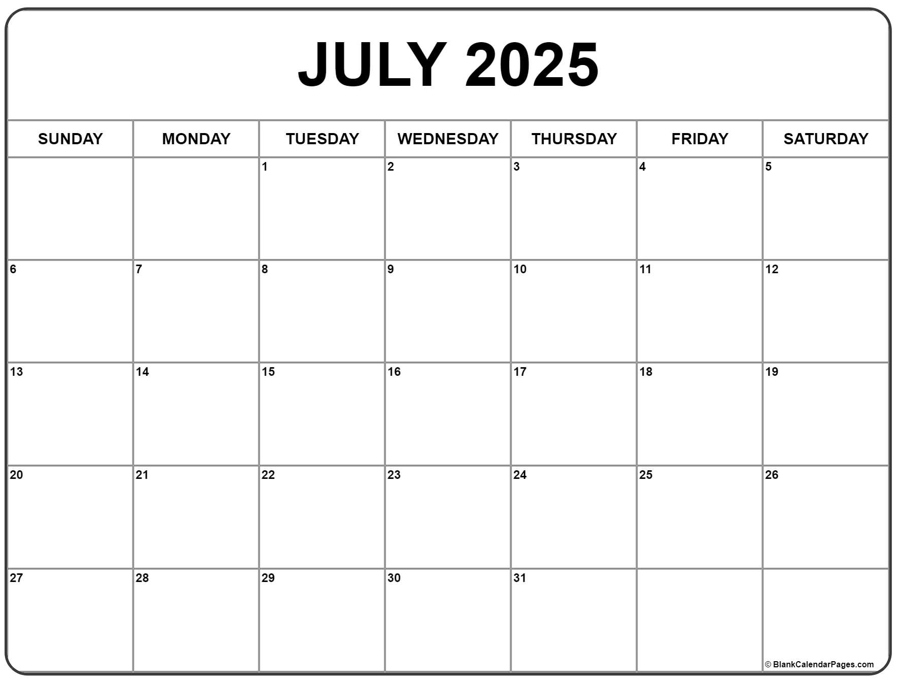 July Calendar 2025 Printable