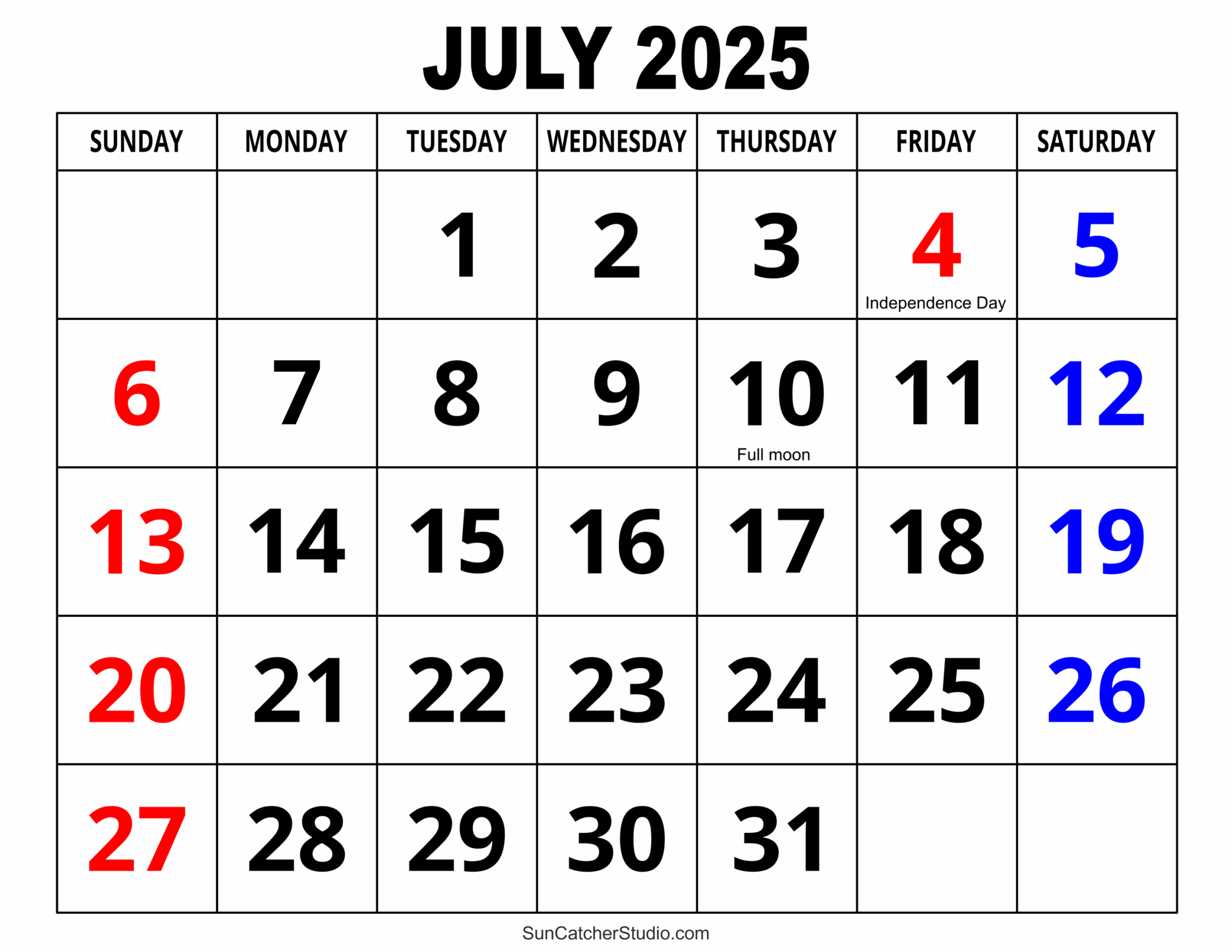 July Calendar 2025 With Holidays
