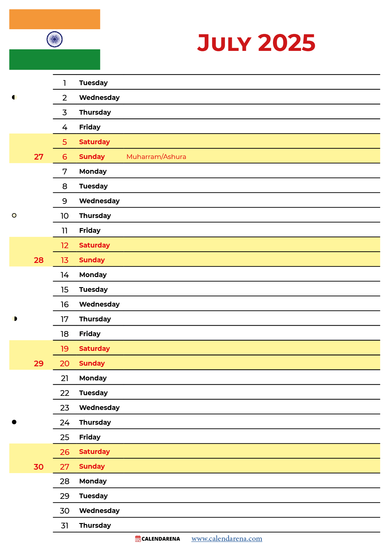 July 2025 Calendar With Holidays India