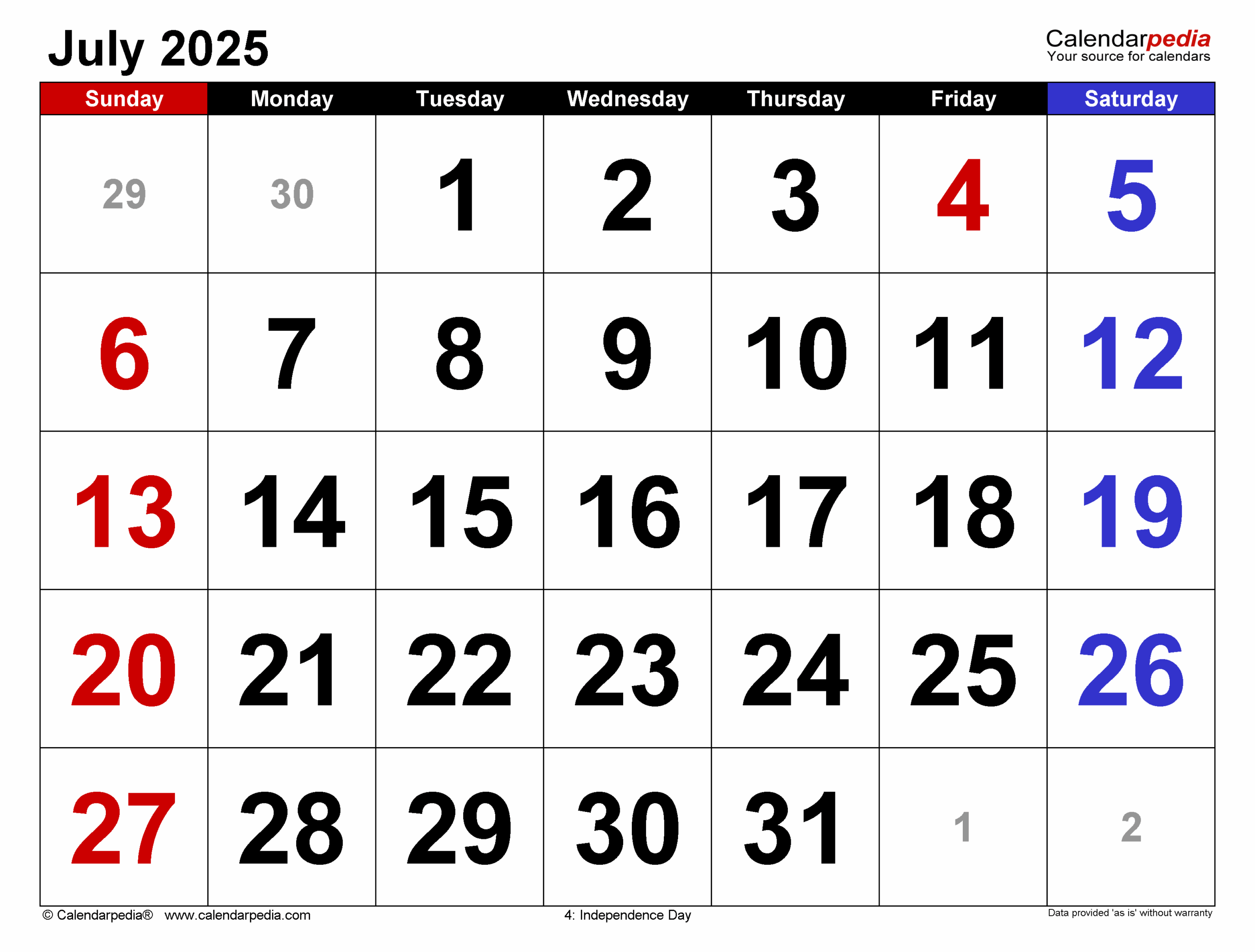 July 2025 Calendar Word