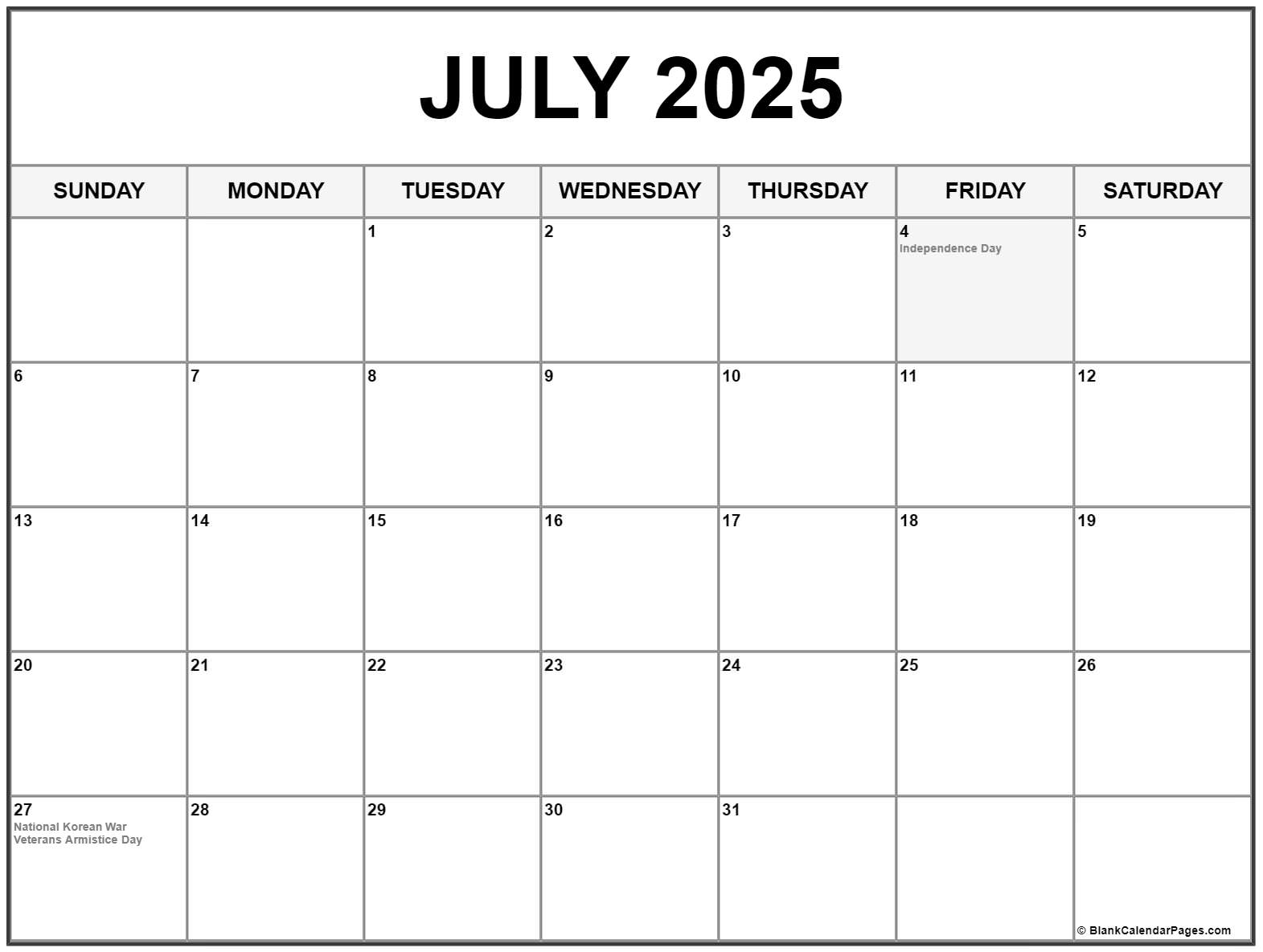 Calendar For July 2025 With Holidays