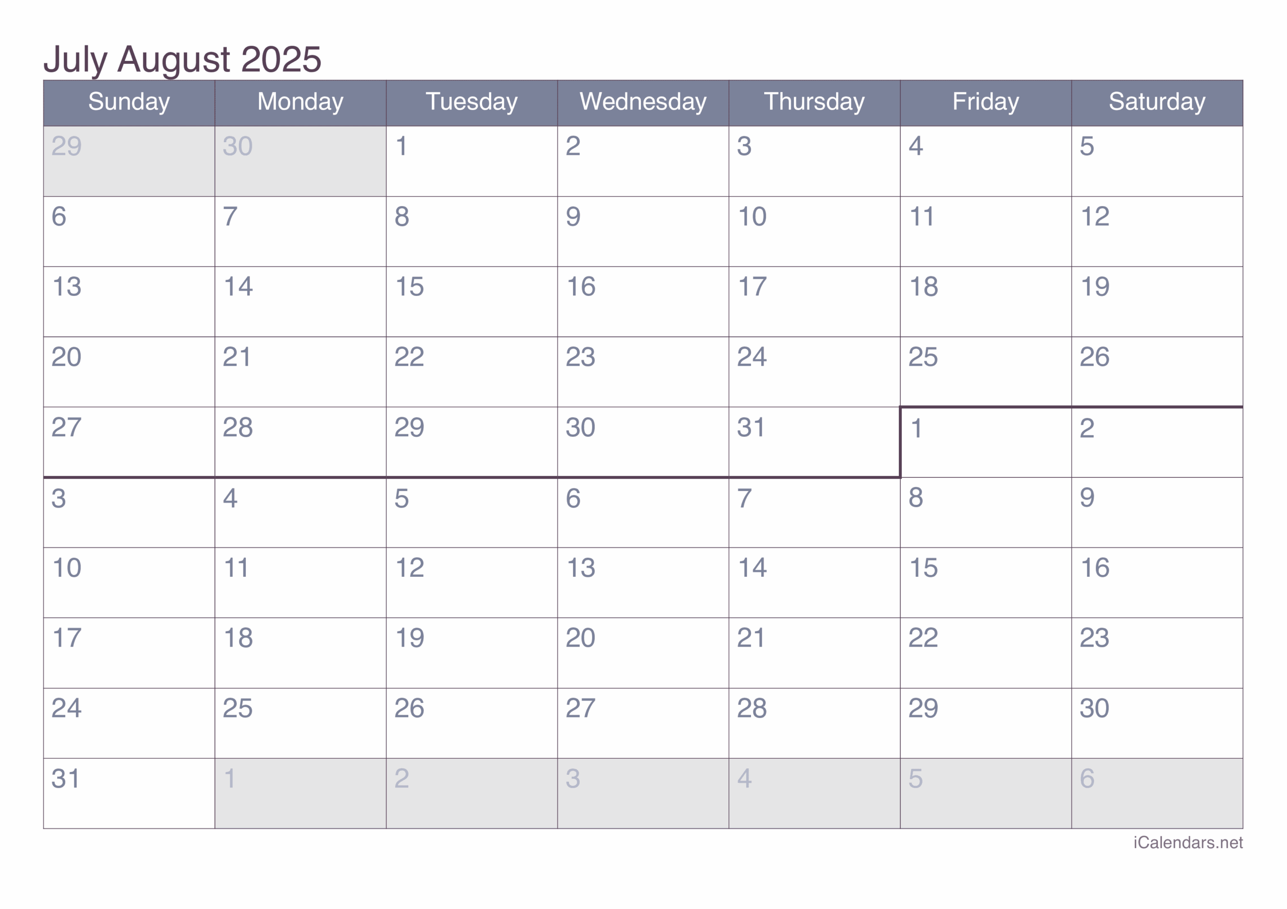 July And August 2025 Calendar With Holidays