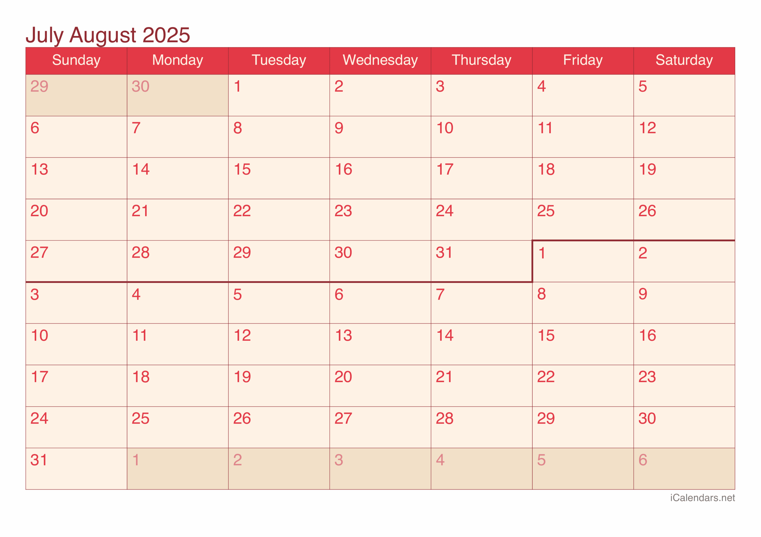 July August 2025 Calendar