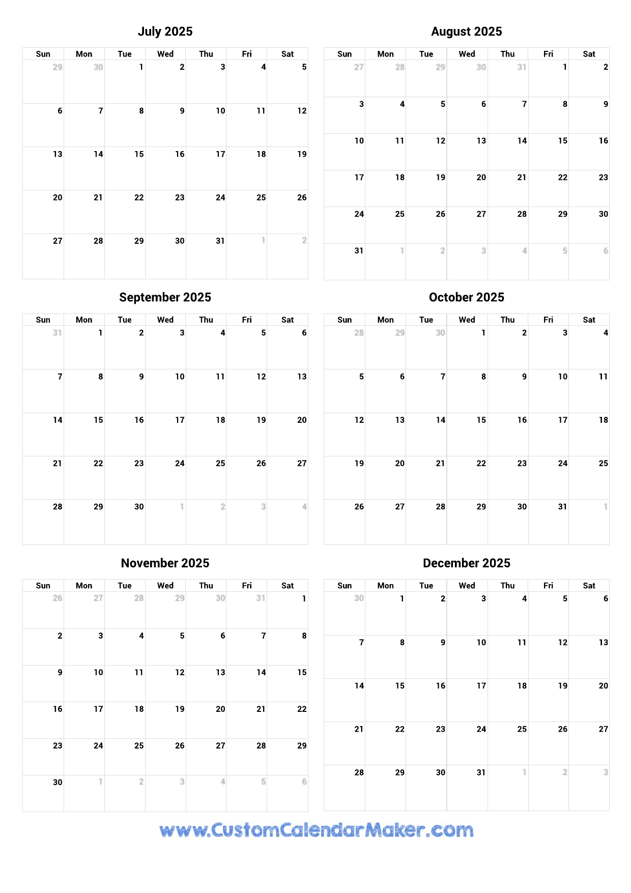 July To December 2025 Calendar Printable