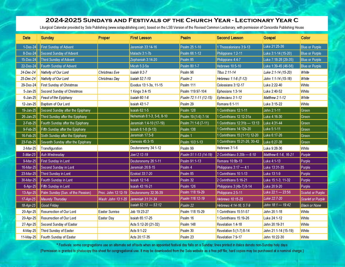 2024 2025 Liturgical Calendar Year C K 2025 Sola Publishing