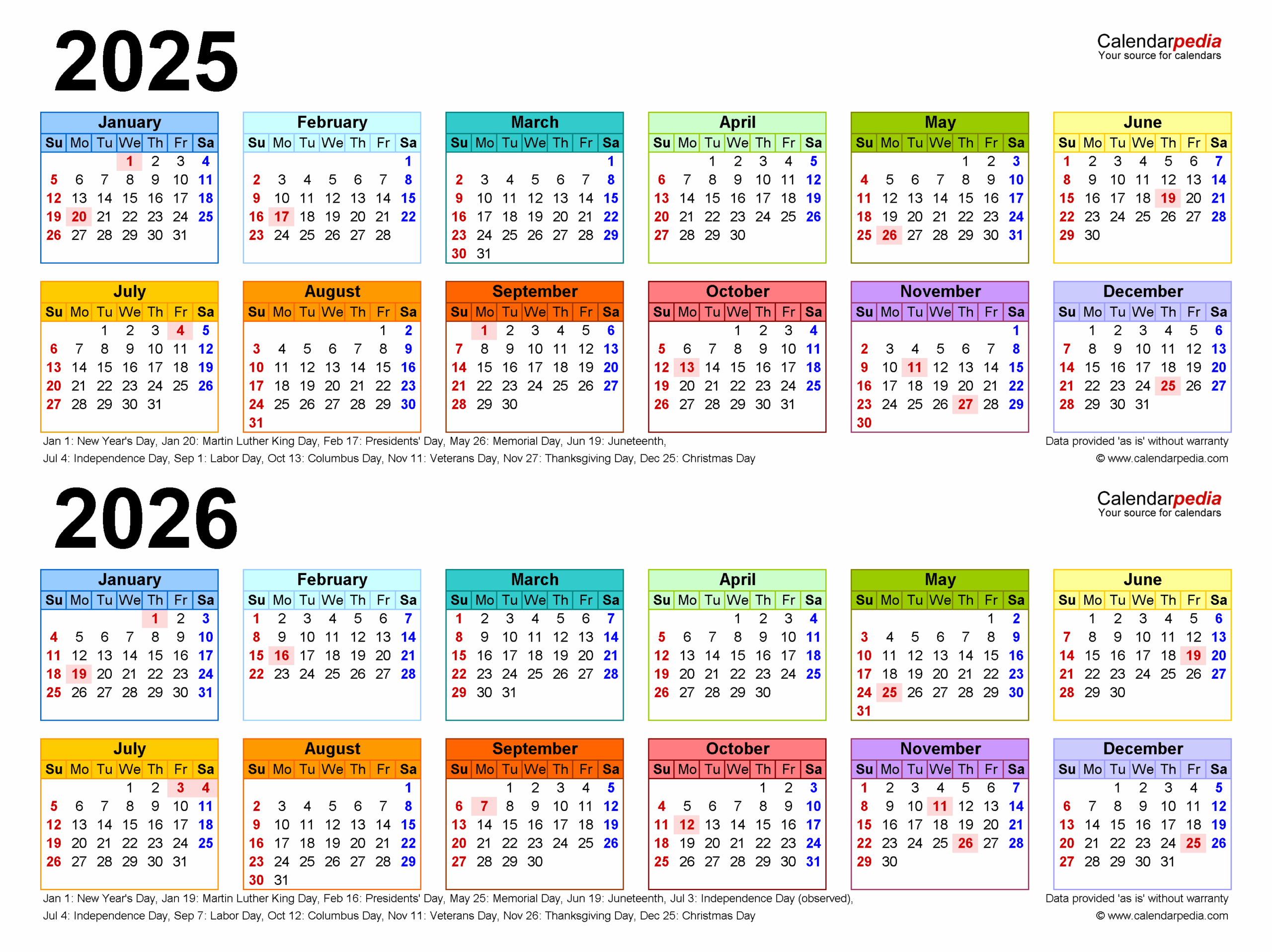 2025 And 2026 Calendar With Holidays Printable Free