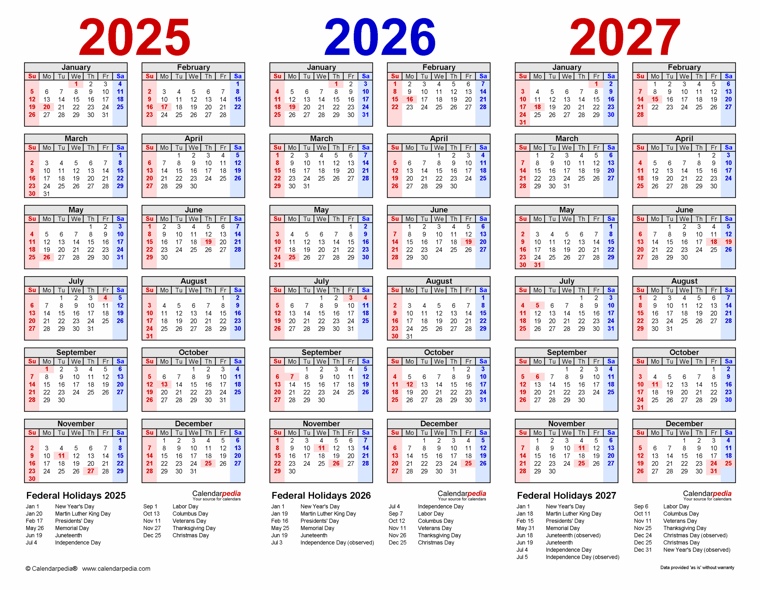 3 Year Calendar 2025 To 2027 Printable