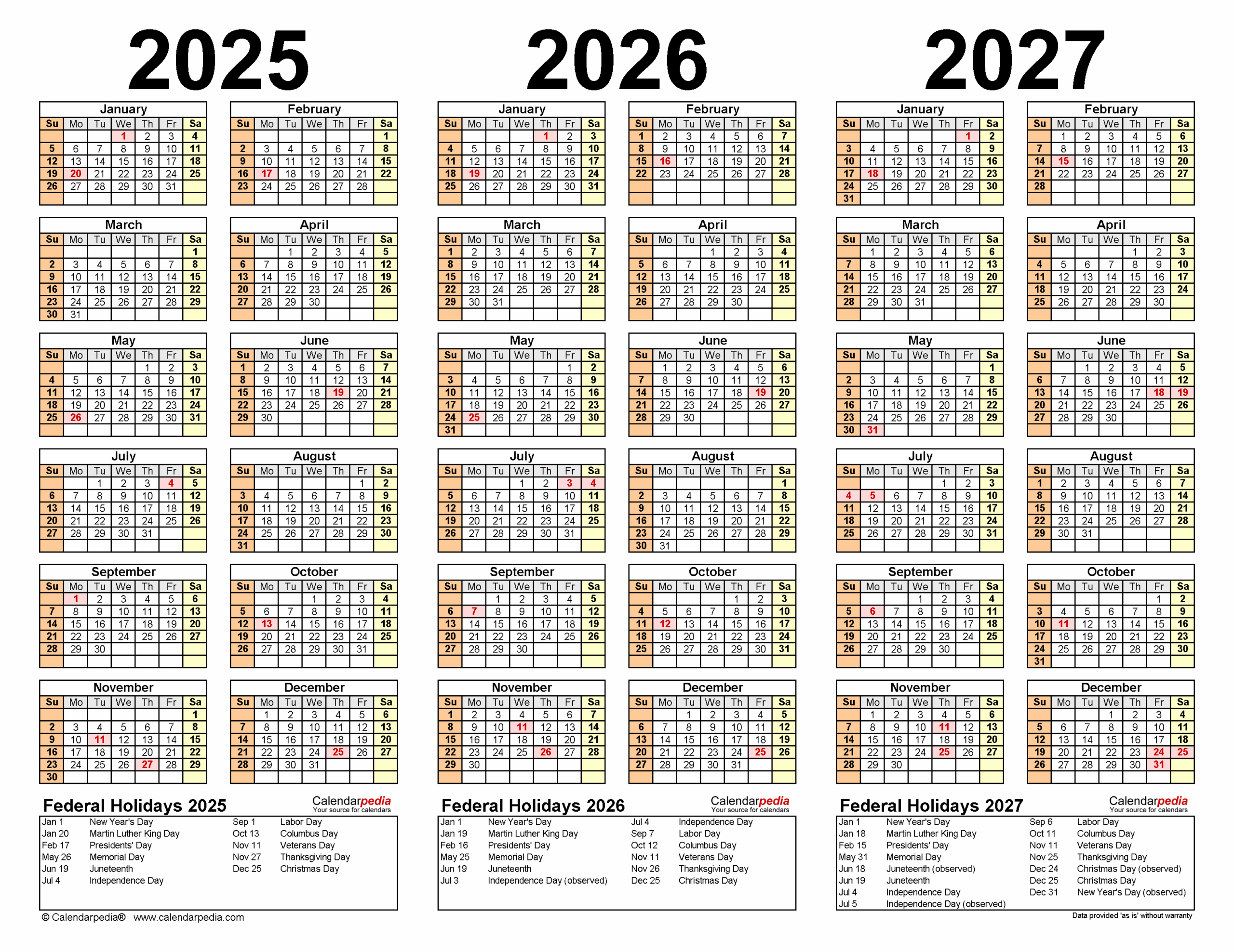 3-Year Calendar 2025 To 2027 Printable