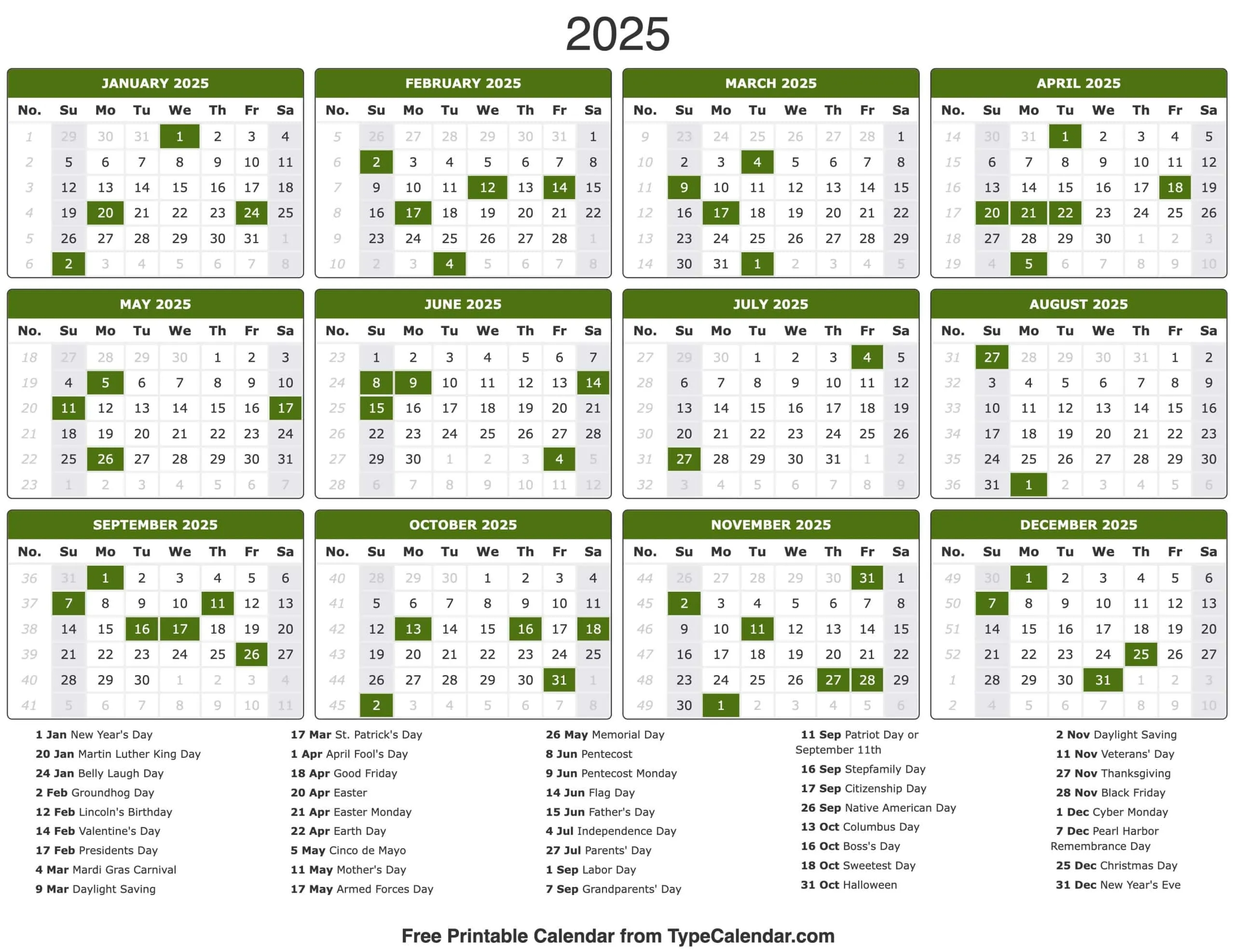 Printable Monthly Calendar With Holidays 2025
