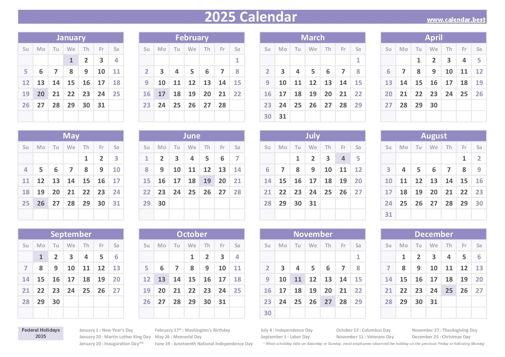 Free 2025 Calendar With Holidays Printable Pdf