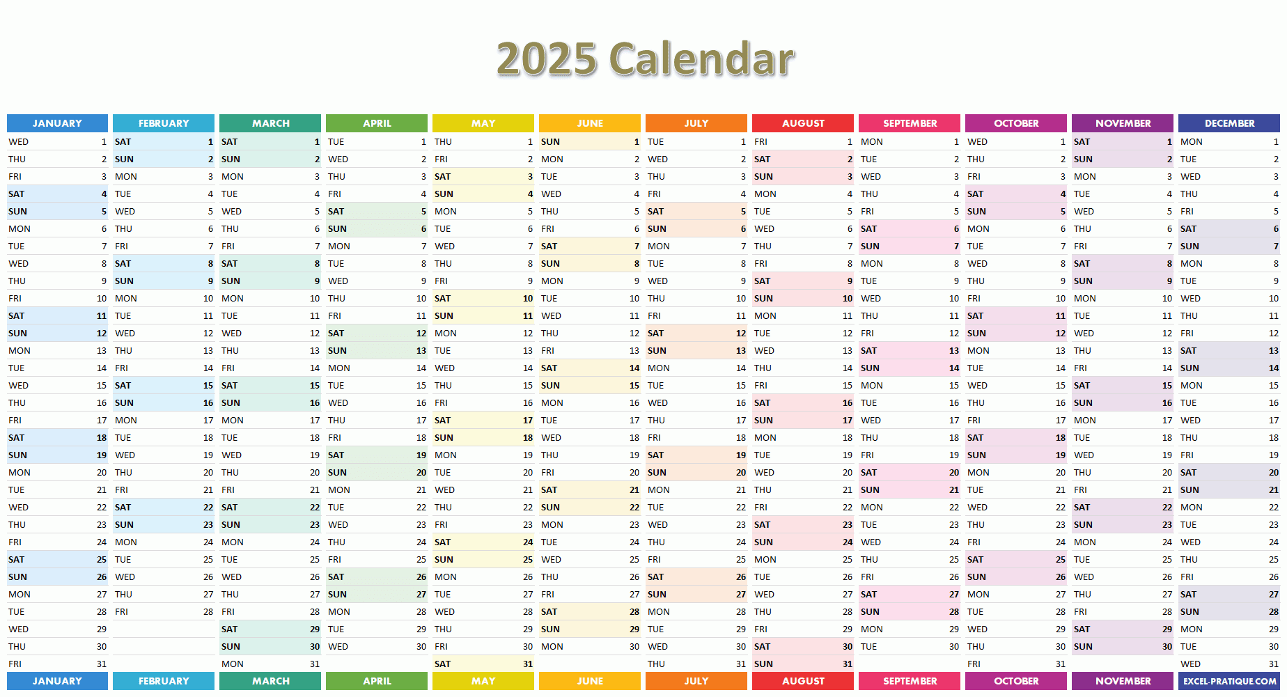 2025 Calendar Printable Excel