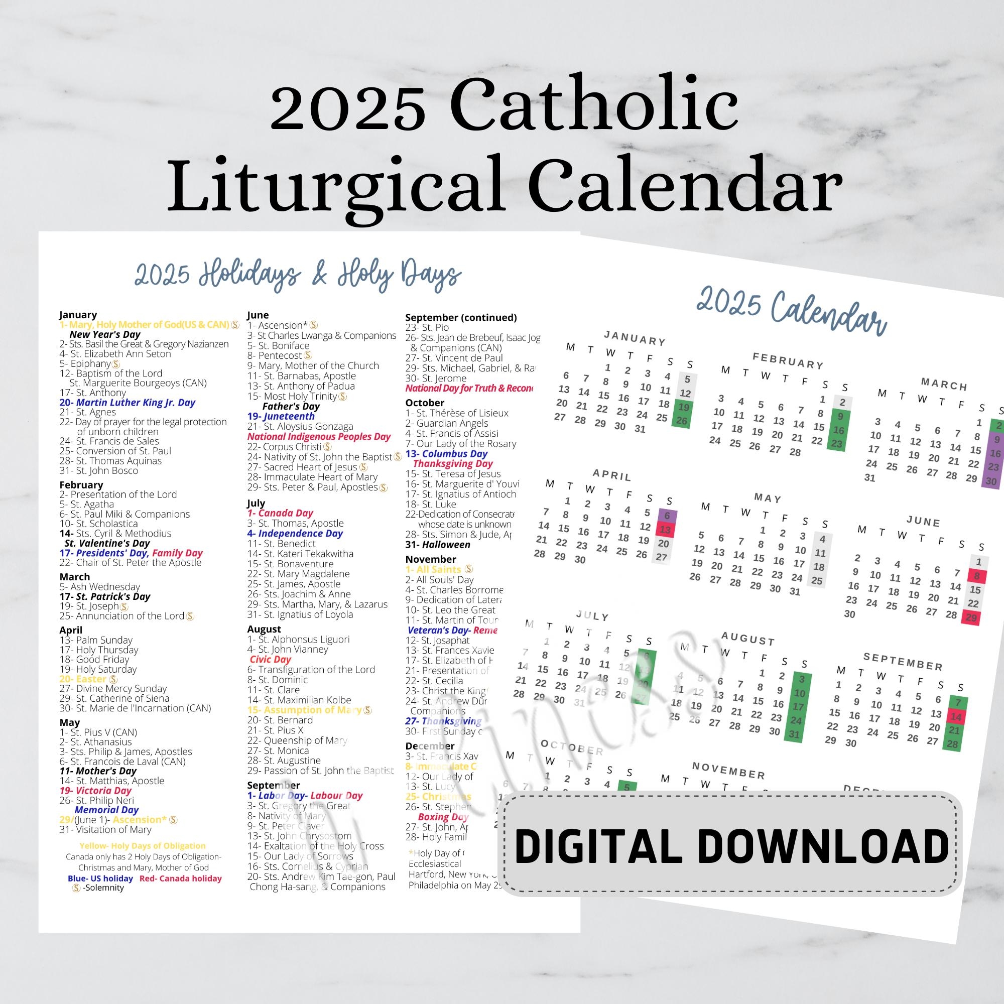 2025 Catholic Liturgical Calendar US Canadian Feast Days digital Download Etsy