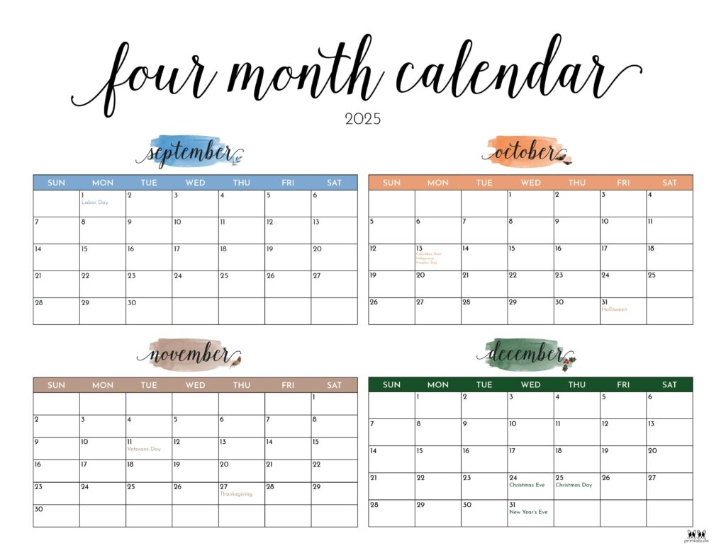 4 Month Printable Calendar 2025