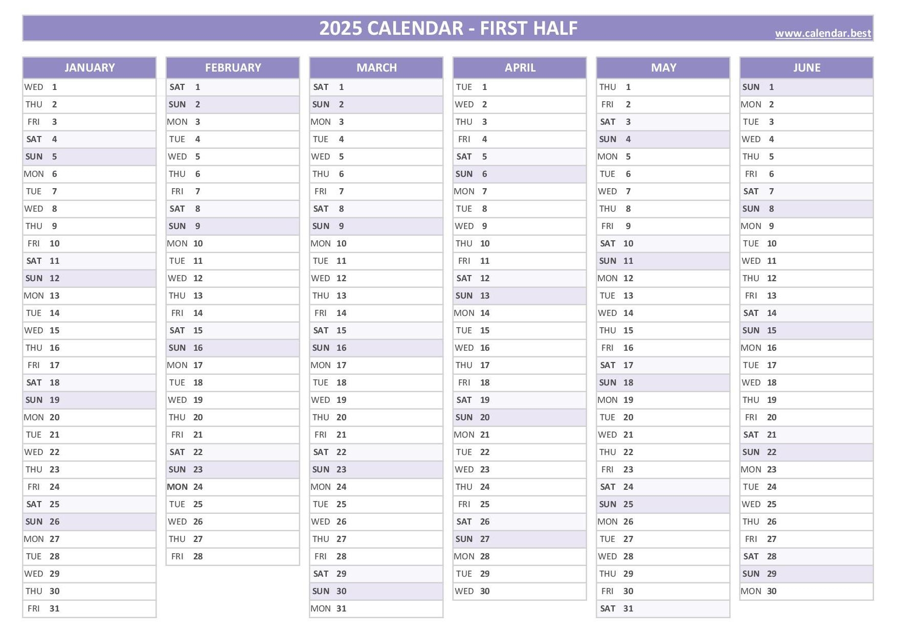 6 Month Printable Calendar 2025