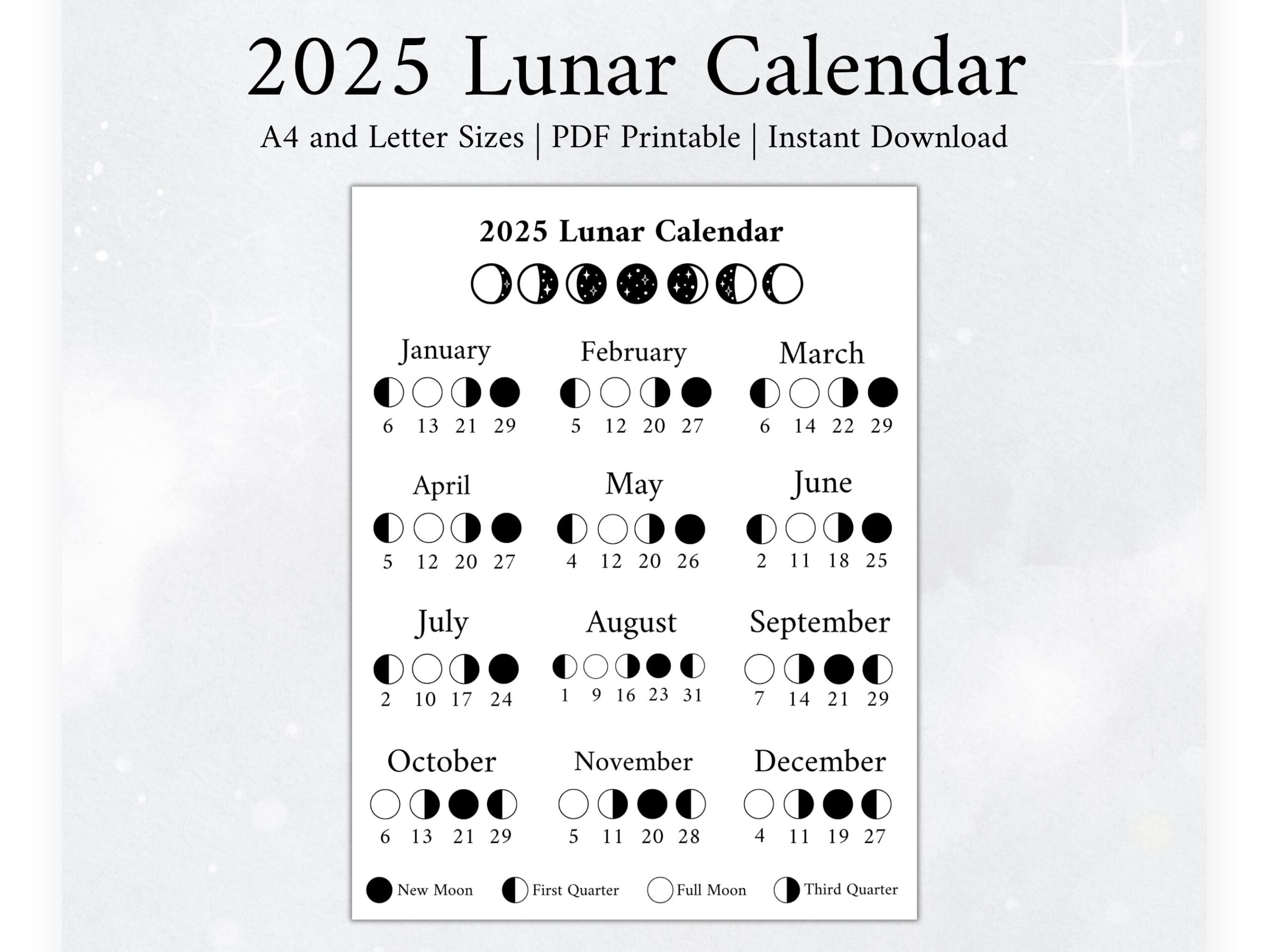 2025 Moon Phase Calendar Printable Lunar Chart digital Download Etsy