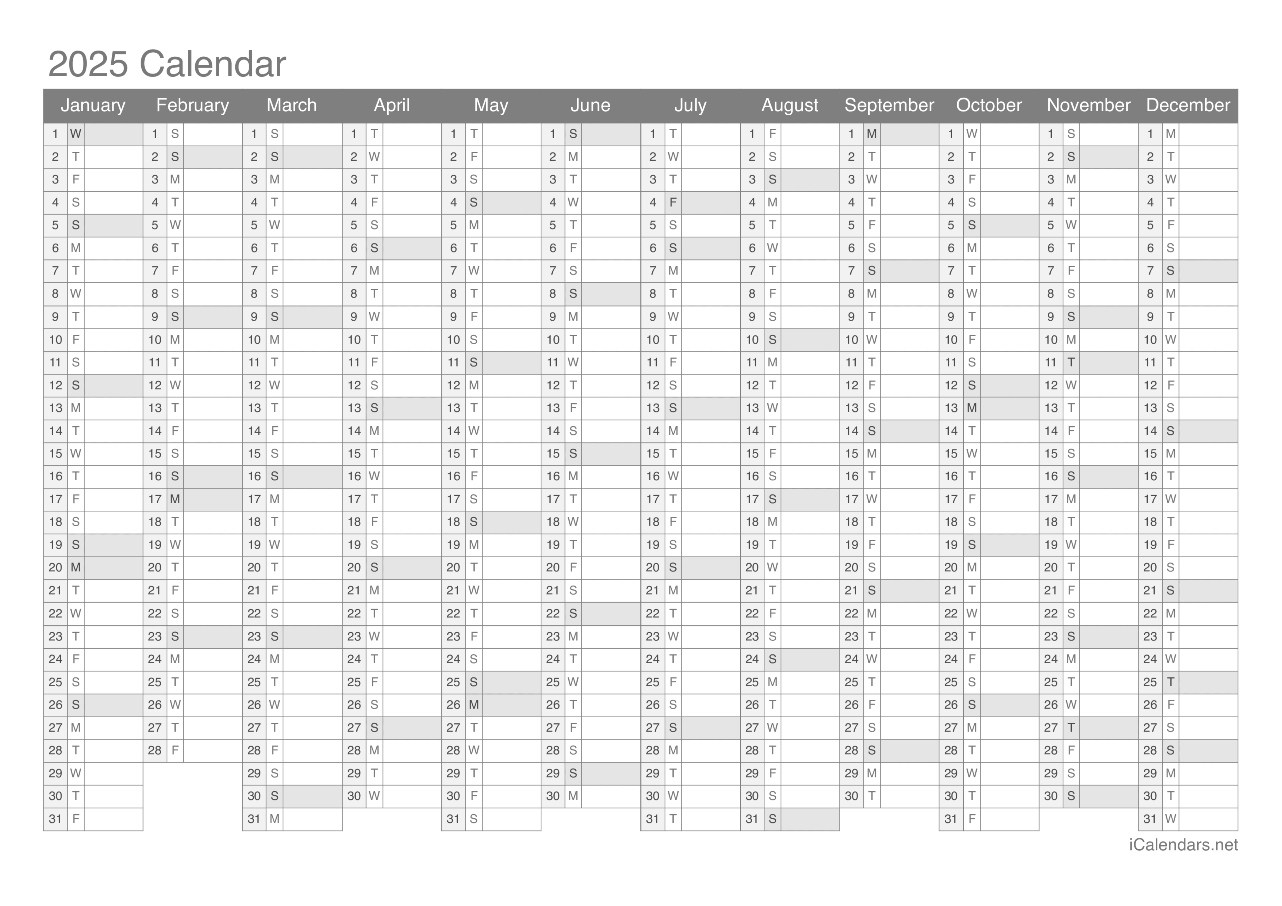 Yearly Calendar 2025 Printable Pdf