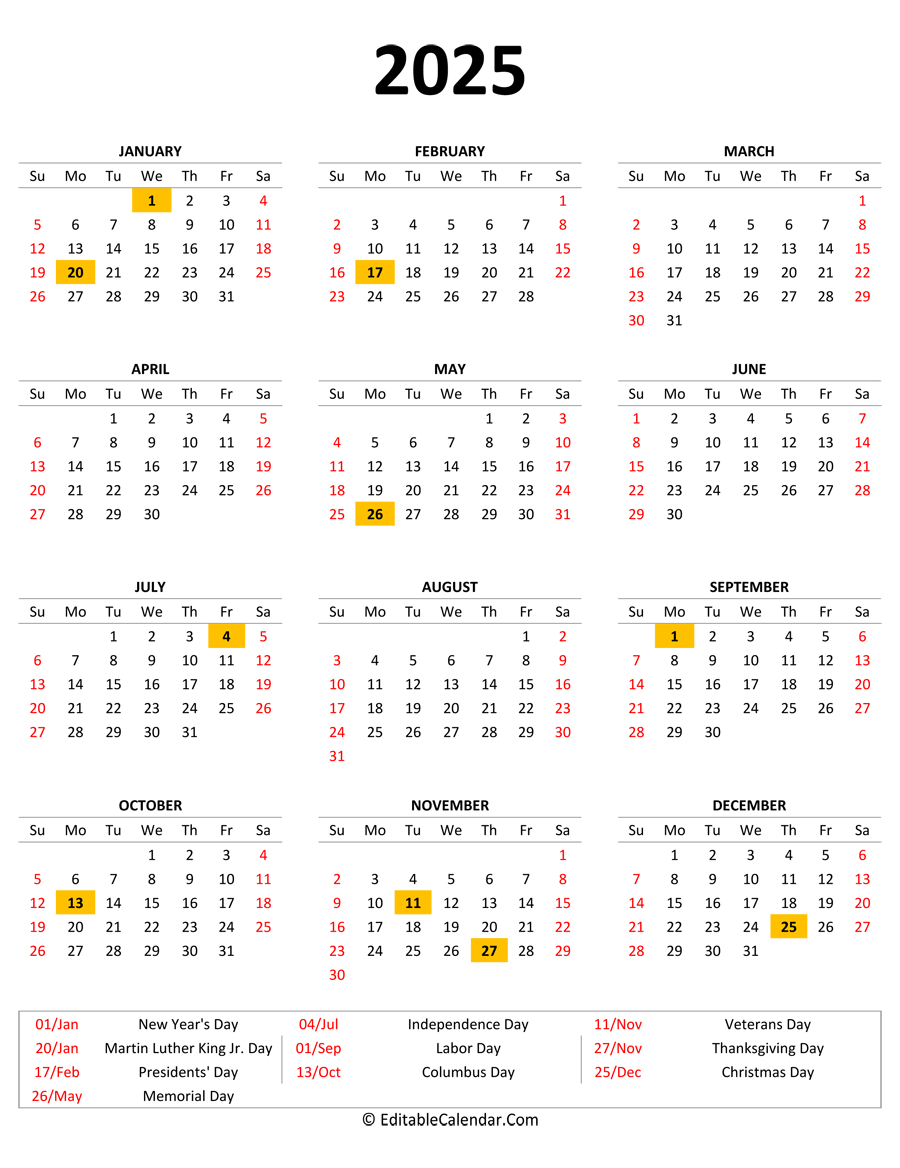 2025 Calendar Printable Portrait