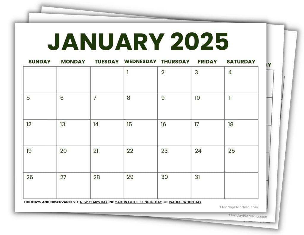 Free 2025 Monthly Calendar Printable Pdf