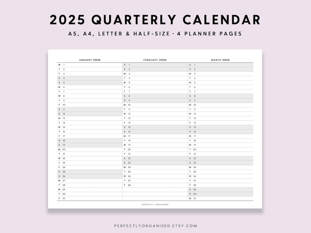 2025 Quarterly Calendar 2025 Foldout Calendar 2025 Folding Calendar 2025 3 Month Calendar Classic A5 Half size A4 Letter PRINTABLE Etsy