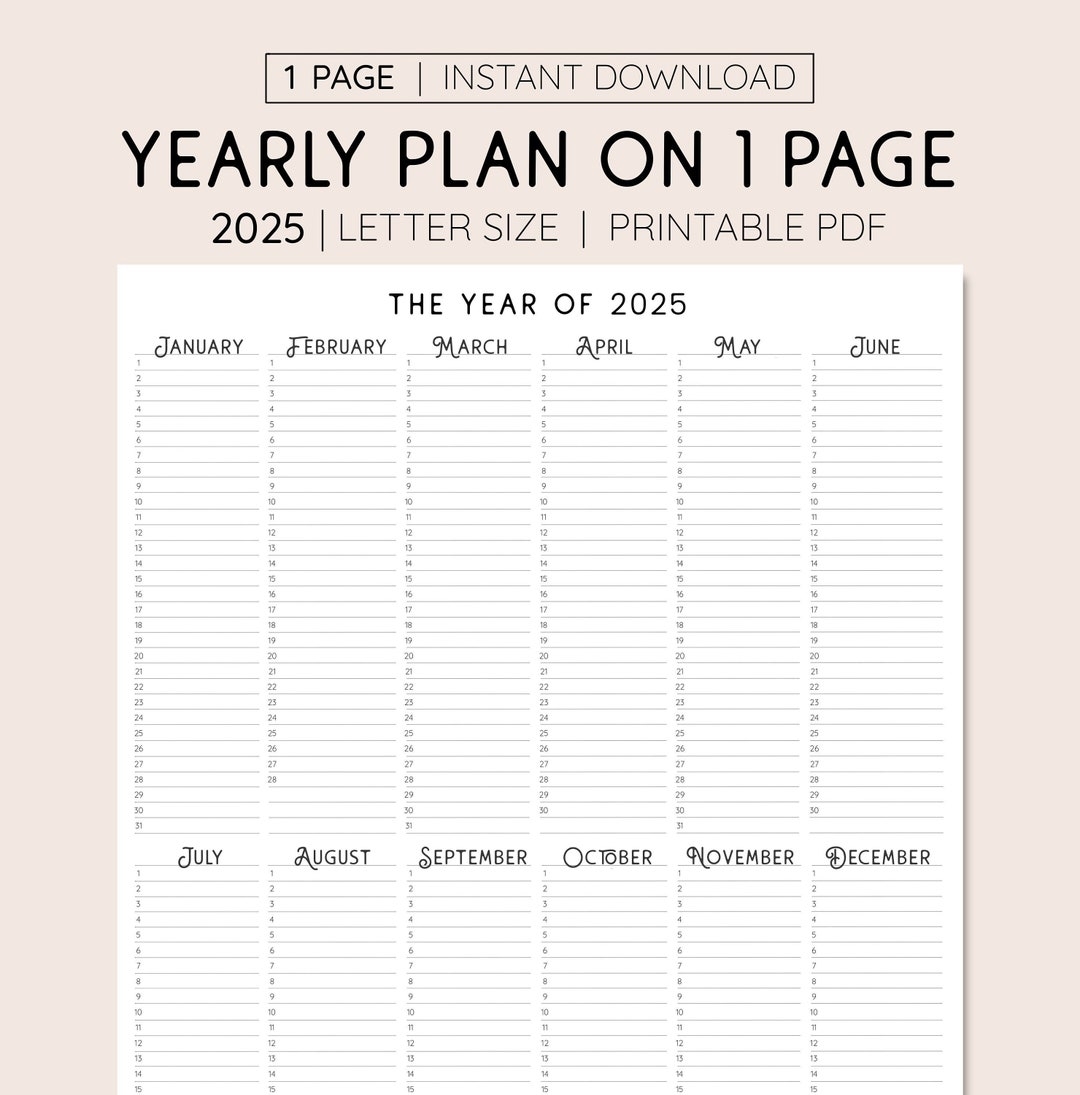 2025 Year At A Glance Printable Calendar PDF Etsy