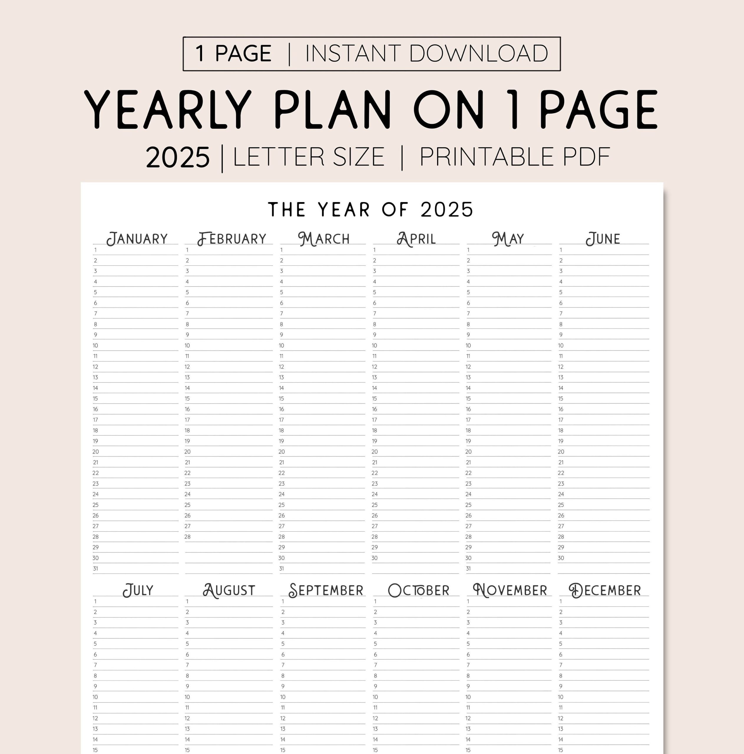 2025 Year At A Glance Printable Calendar PDF Etsy