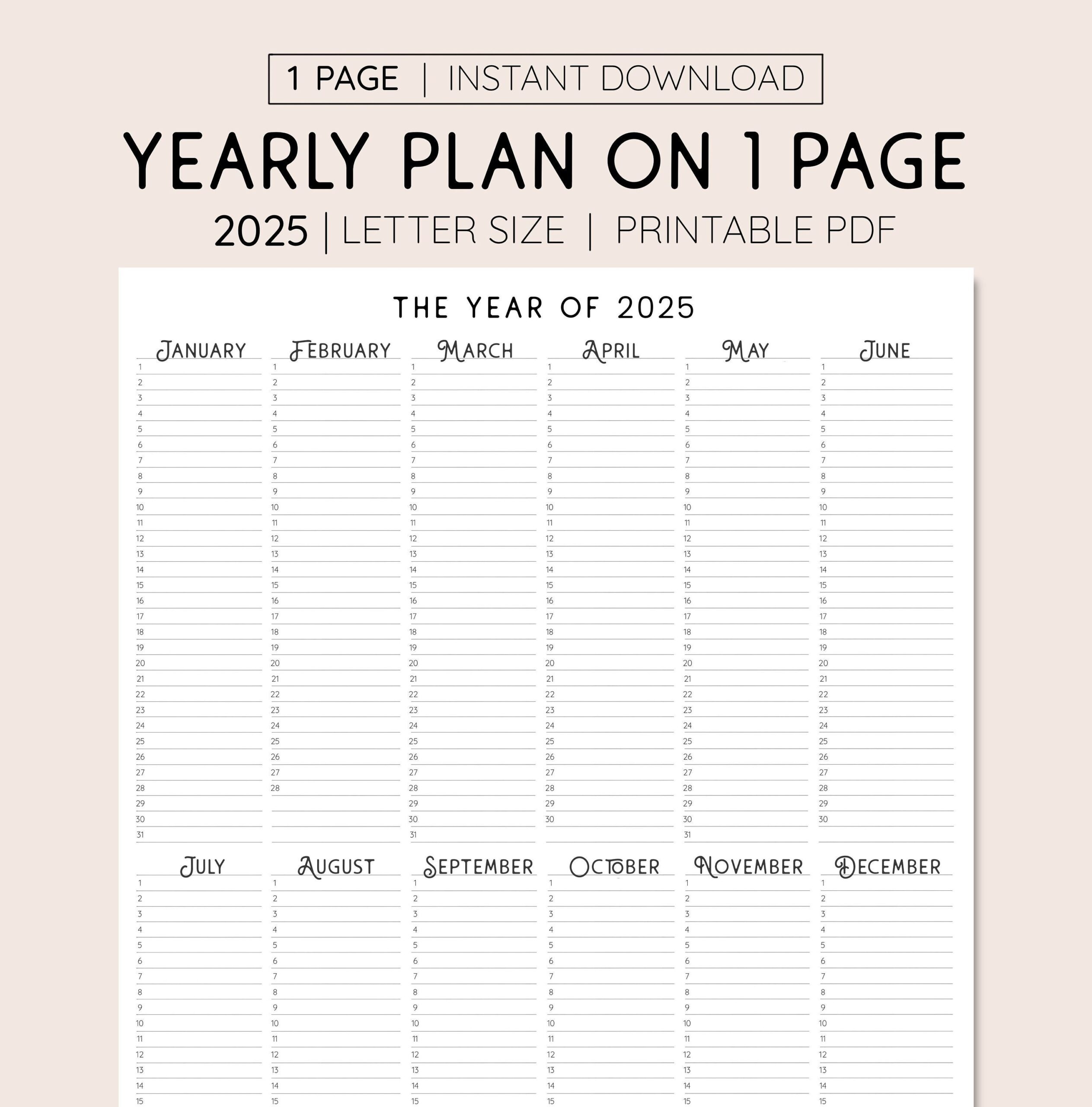 2025 Year At A Glance Printable Calendar PDF Etsy