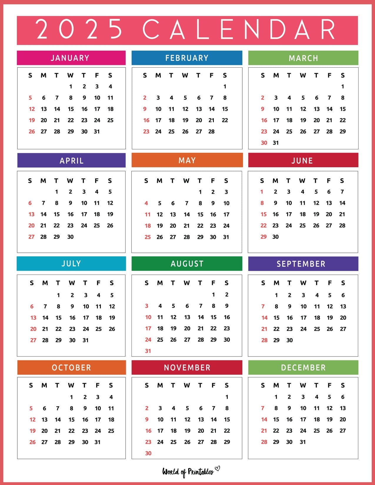 Printable Full Year 2025 Calendar