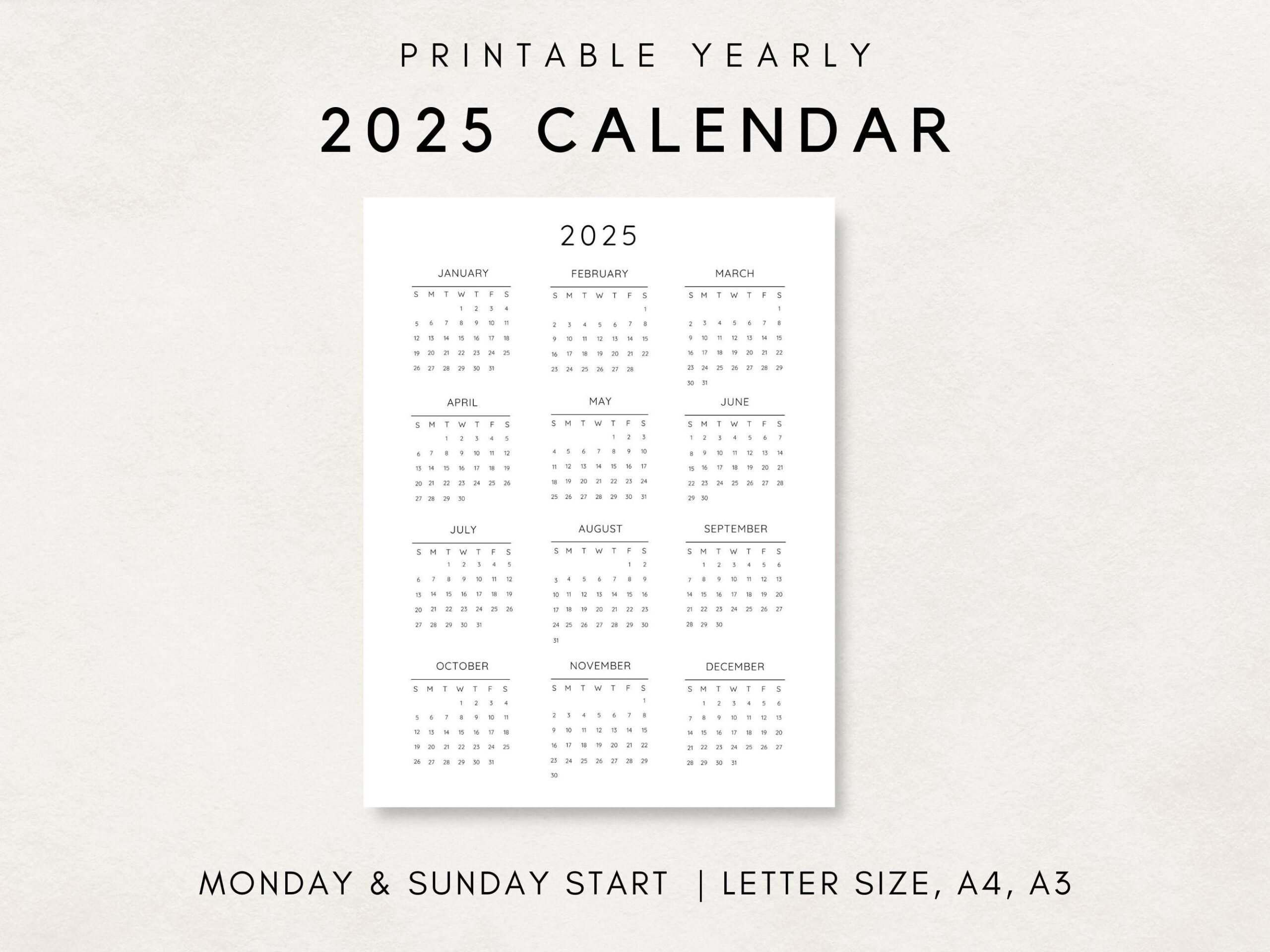 2025 Yearly Calendar Printable Calendar 2025 Calendar 2025 Digital Calendar Yearly Wall Calendar Year At A Glance 2025 Annual Calendar Etsy
