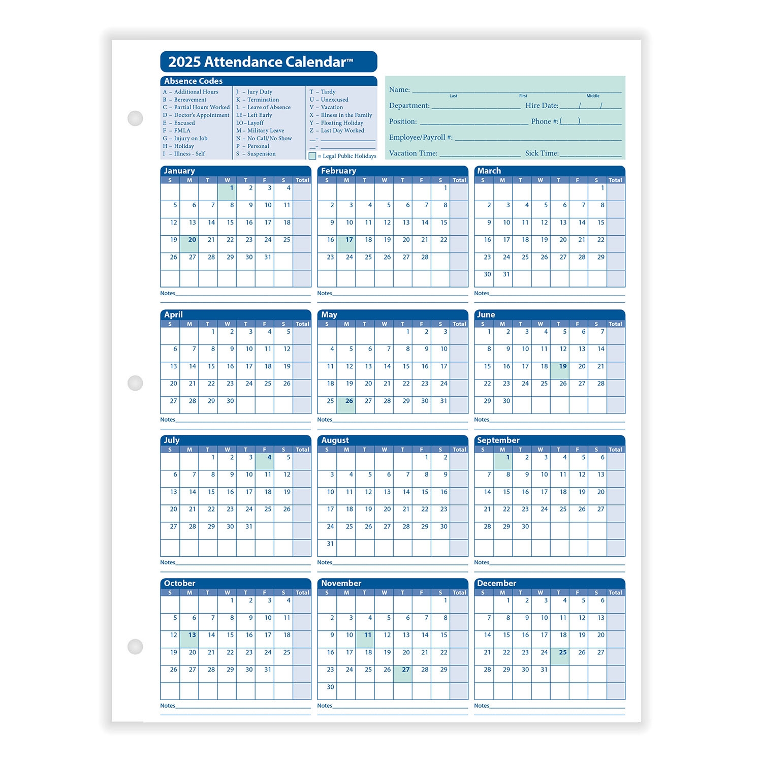 2026 Yearly Employee Attendance Calendar Yearly Calendar HRdirect