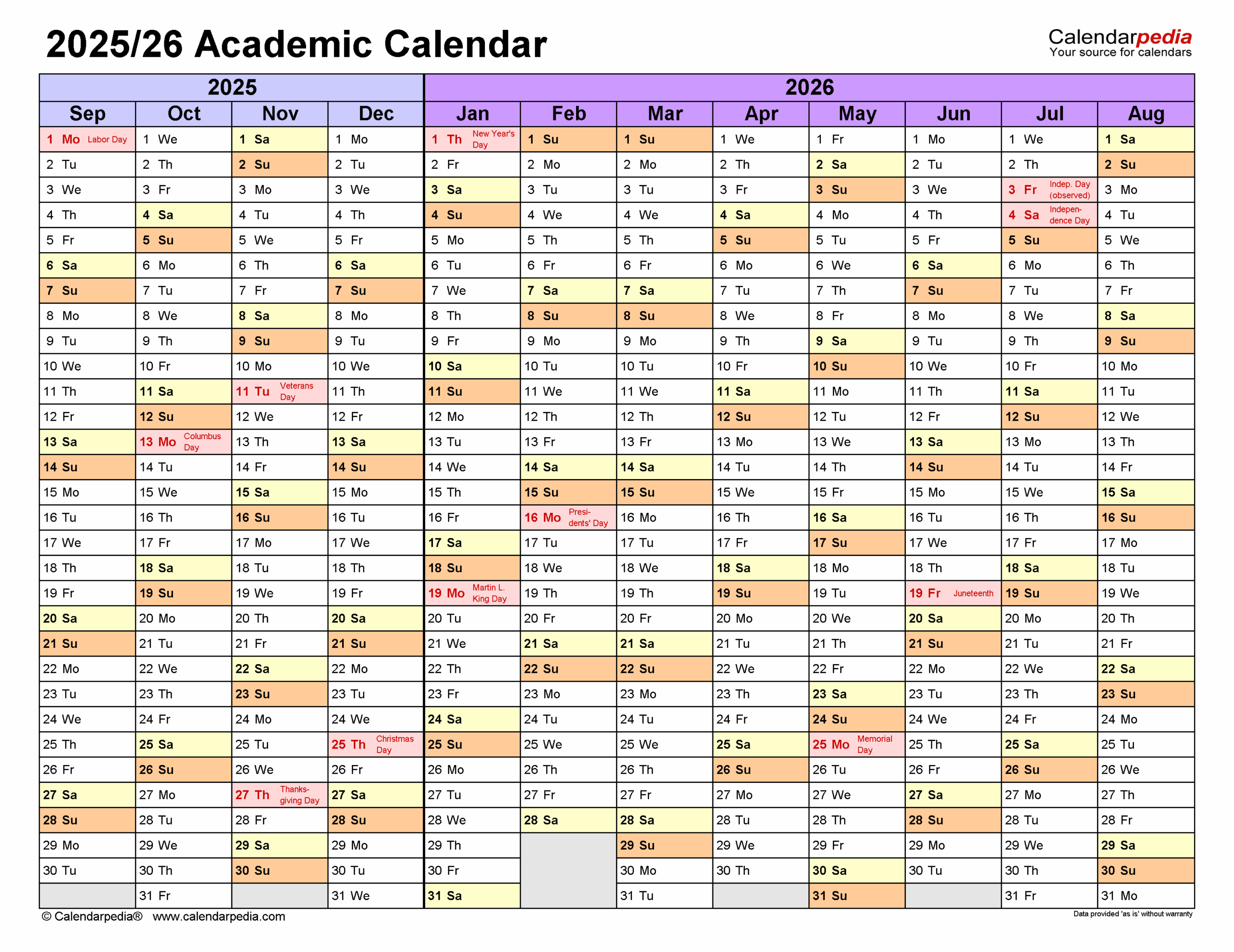 Printable Academic Calendar 2025/26