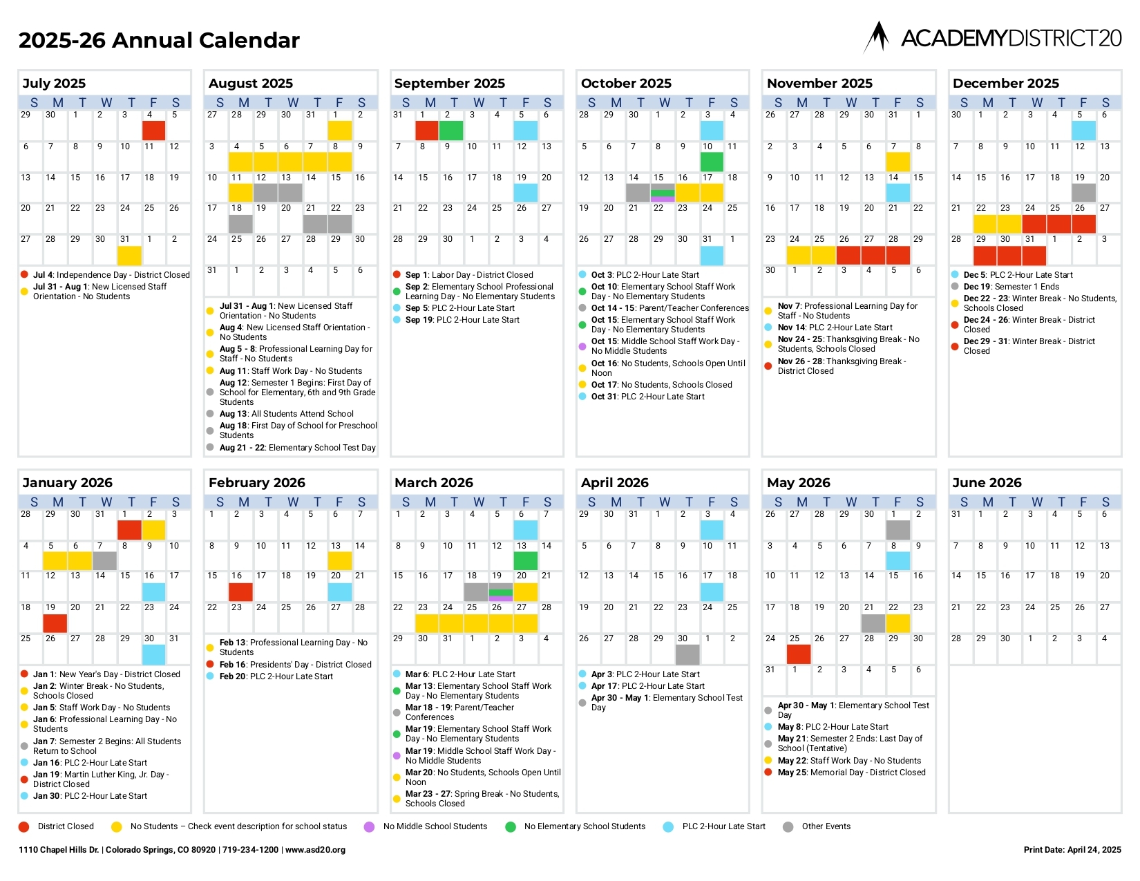 ACADEMY DISTRICT 20 Calendar 25 26 Revised Pdf EduCounty