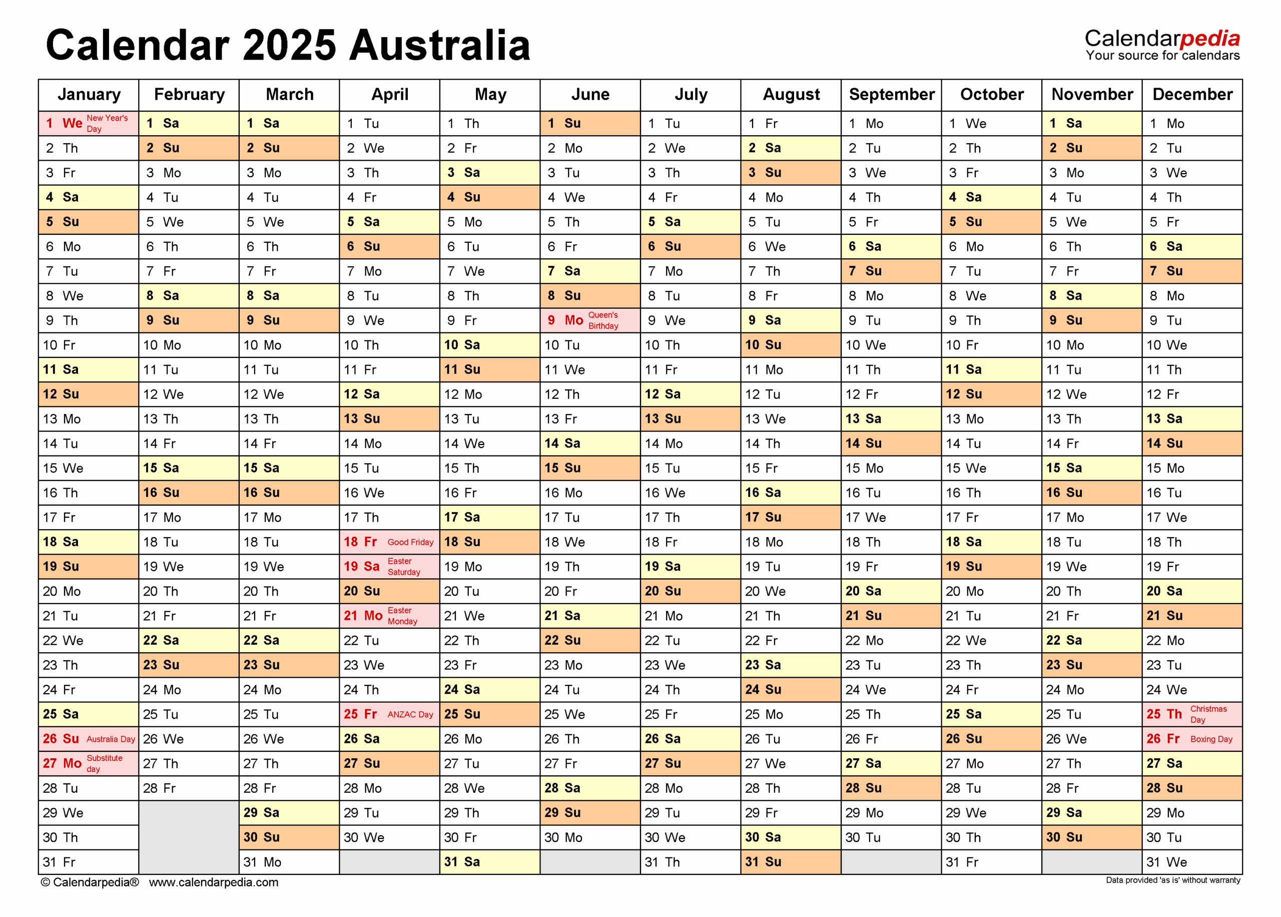 Free Printable 2025 Calendar With Holidays Australia