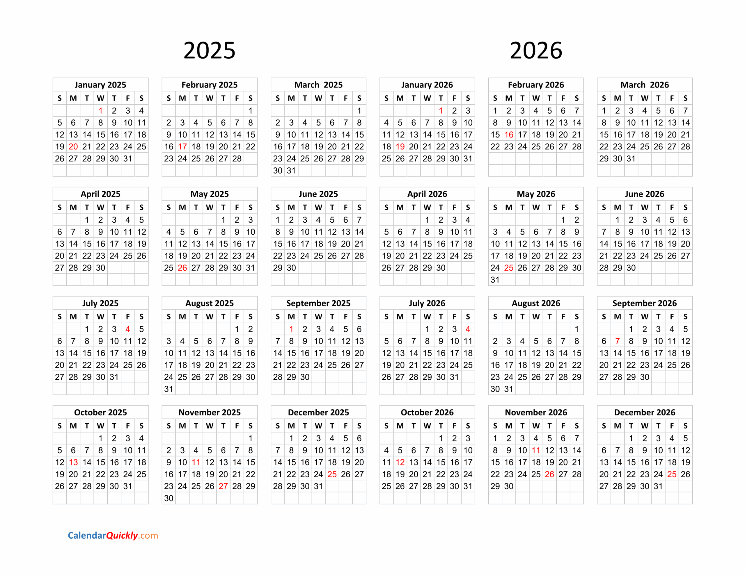 2025 Calendar 2026 Printable Free