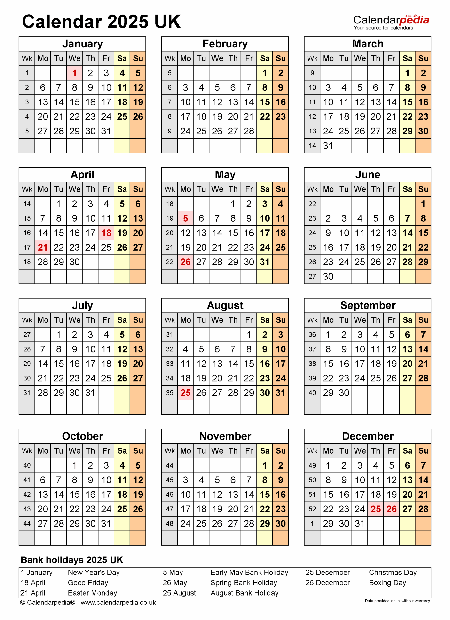 Printable Calendar 2025 Uk Word