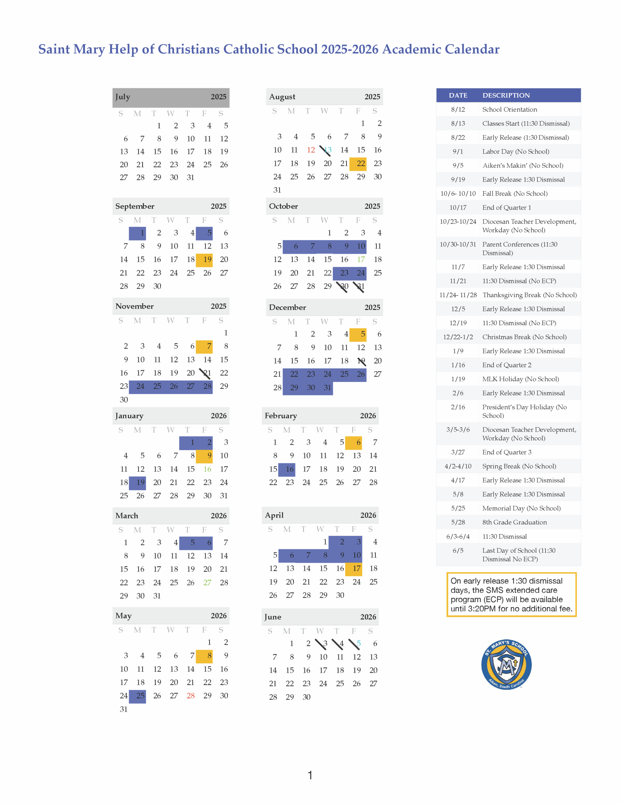 Calendar St Mary Help Of Christians Catholic School